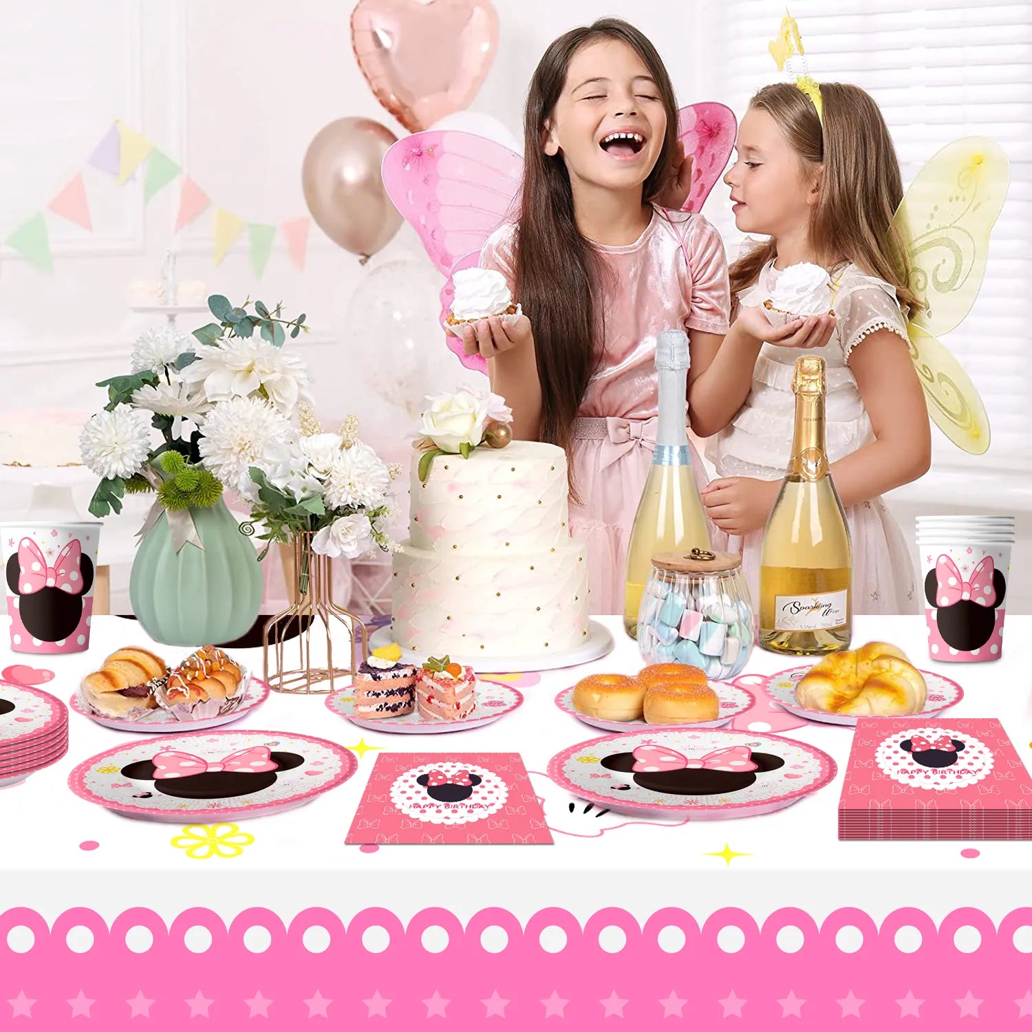 Minnie Mouse Party Supplies,16-Person Minnie Mouse Tableware Set - Min-niee Mou-ses Plates and Napkins Cups and Minnie Mouse Table cloth etc Minnie Mouse Birthday Party Supplies for Girls