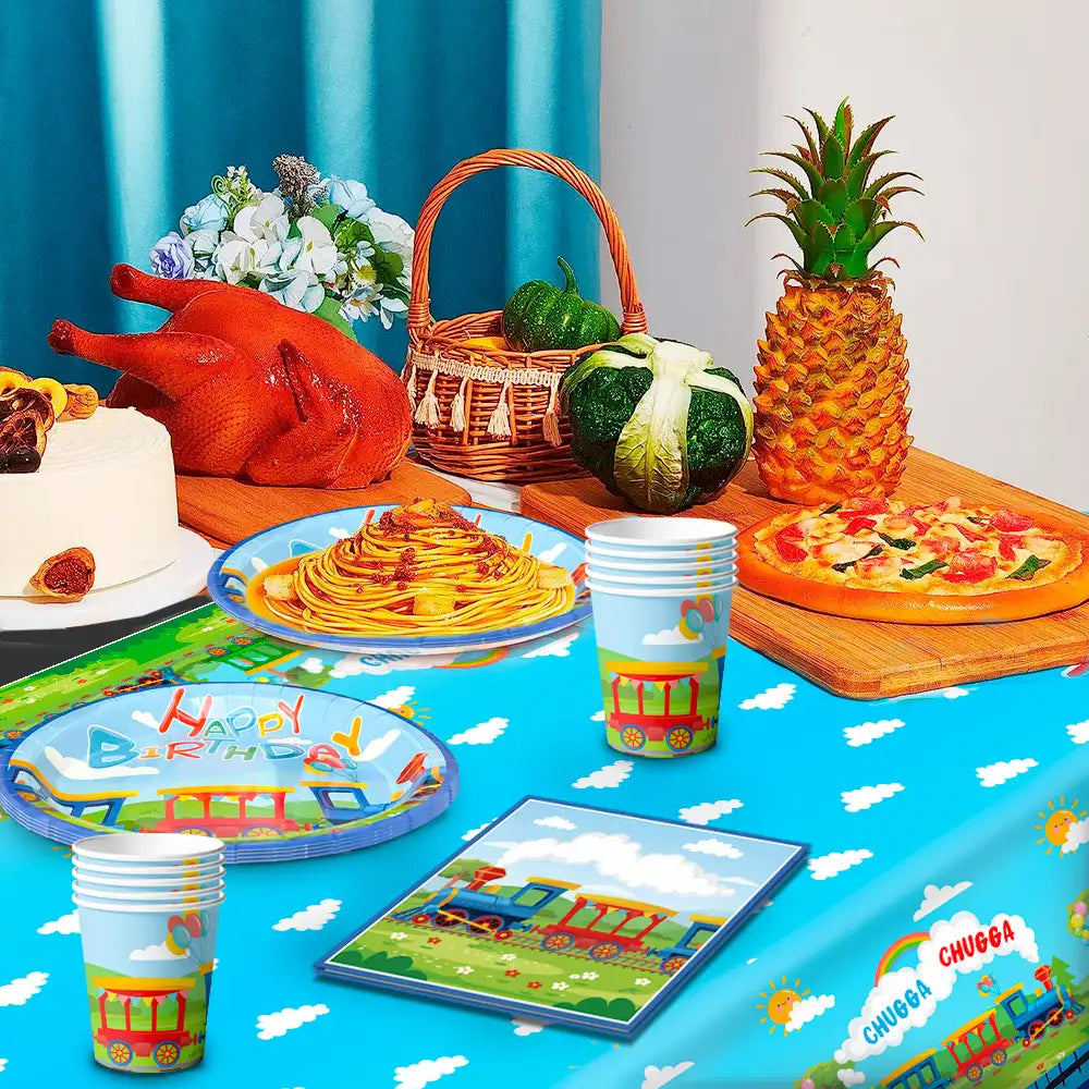 Train Birthday Party Supplies, 16 Guests Train Party Decorations Tableware Set - Train Plates and Cups Napkins & Train Birthday Banner Tablecloth etc Train Themed Tableware for Boys/Girls Kids
