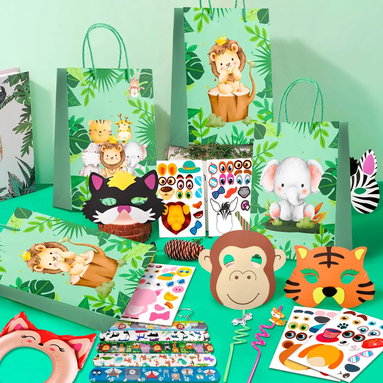 Jungle Safari Party Favors, 72pcs Jungle Safari Birthday Party Favors Set Includes Safari Party Slap Bracelets Stickers Straws Balloon, Animal Mask, Safari Goodie Bags etc Jungle Party Favors for Kids