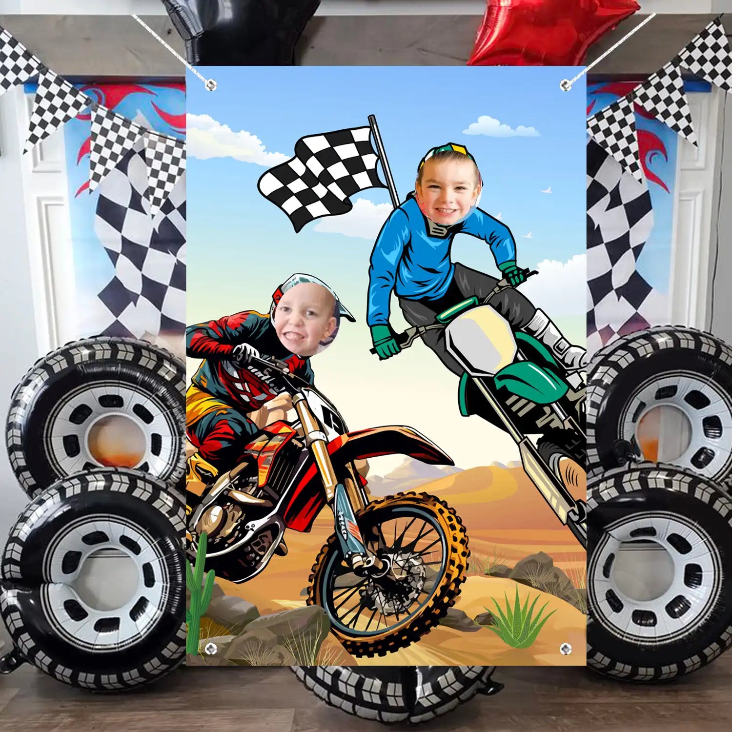 Dirt Bike Photography Background, 59.06''x39.37'' Motocross Photo Backdrop, Motocross Face Photography Backdrop & Motorcycle Happy Birthday Backdrop for Dirt Bike Birthday Party Decorations