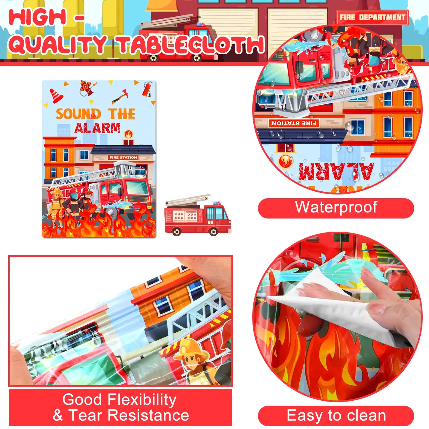 Fire Truck Tablecloth, 3 Pcs Firefighter Party Tablecloth Set - Fire Truck Birthday Tablecloth, Firefighter Party Table Cover & Fire Truck Birthday Party Tablecloth for Fire Truck Birthday Decorations
