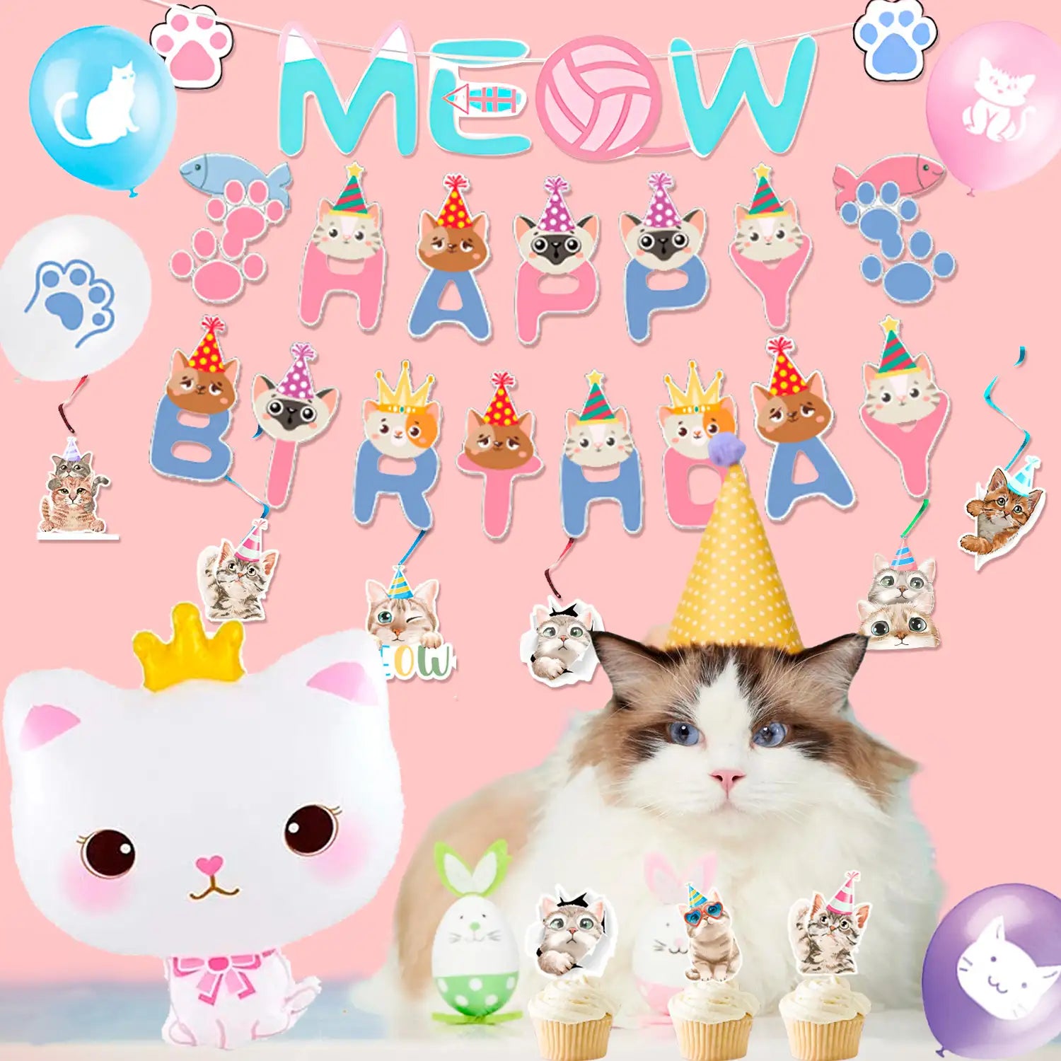 Cat Birthday Party Supplies, 16 Guests Cat Party Decorations Set Includes Cat Birthday Decoration Balloons Banner Cake Topper And Cat Party Plates Cups Tablecloth ect Cat Themed Birthday Party Supplies