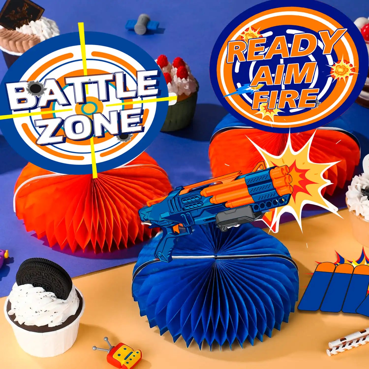 Dart War Gun Party Honeycomb Centerpieces - 9 Guests Dart War Centerpiece for Table,Dart War Birthday Honeycomb Centerpieces & Dart Battle Honeycomb Centerpieces for Dart Gun Birthday Party Decorations