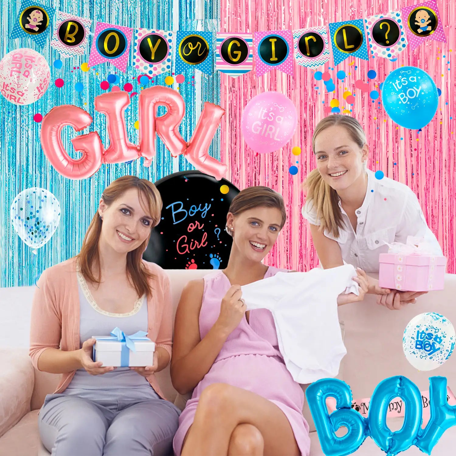 Baby Gender Reveal Party Supplies,118pcs gender reveal party decorations&Tableware Set-Gender Reveal Balloons,Boy or Girl Banner Balloons Plates Cups Tablecloth Fringe Curtains Photo Booth Props etc..