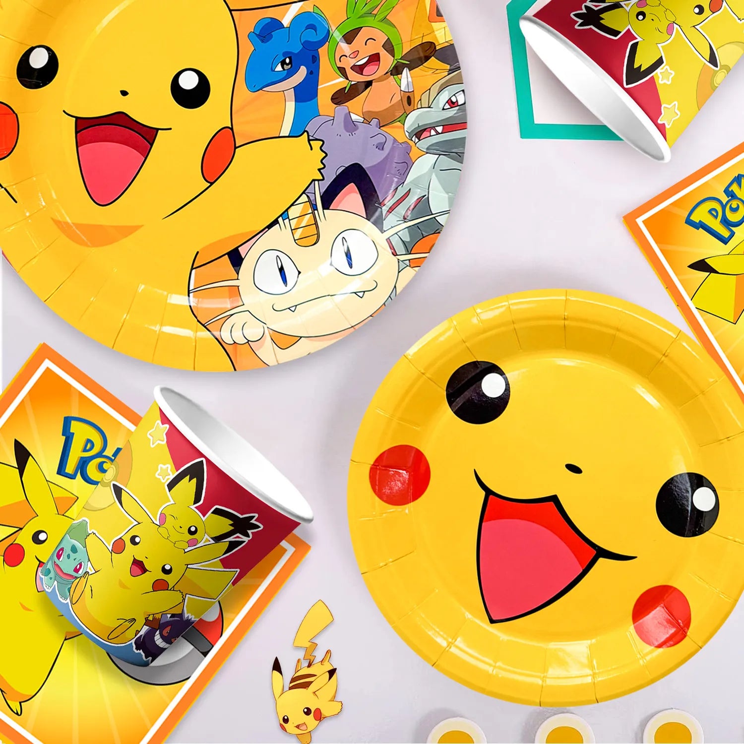 Pokemon Theme Birthday Party Decoration Tableware Set, 66Pcs Pokemon Party Supplies Tableware - Pokemon Table Cloth Banner Plates Napkins Cups for Pokemon Birthday Party Decorations