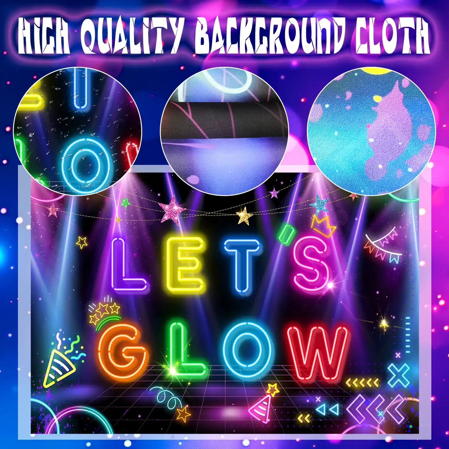 Neon Let's Glow Party Backdrop, 180x110 CM Lets Glow Backdrop, Glow in The Dark Backdrop & Neon Backdrop for Glow Party, for Lets Glow Party Decorations & Neon Birthday Party Decorations