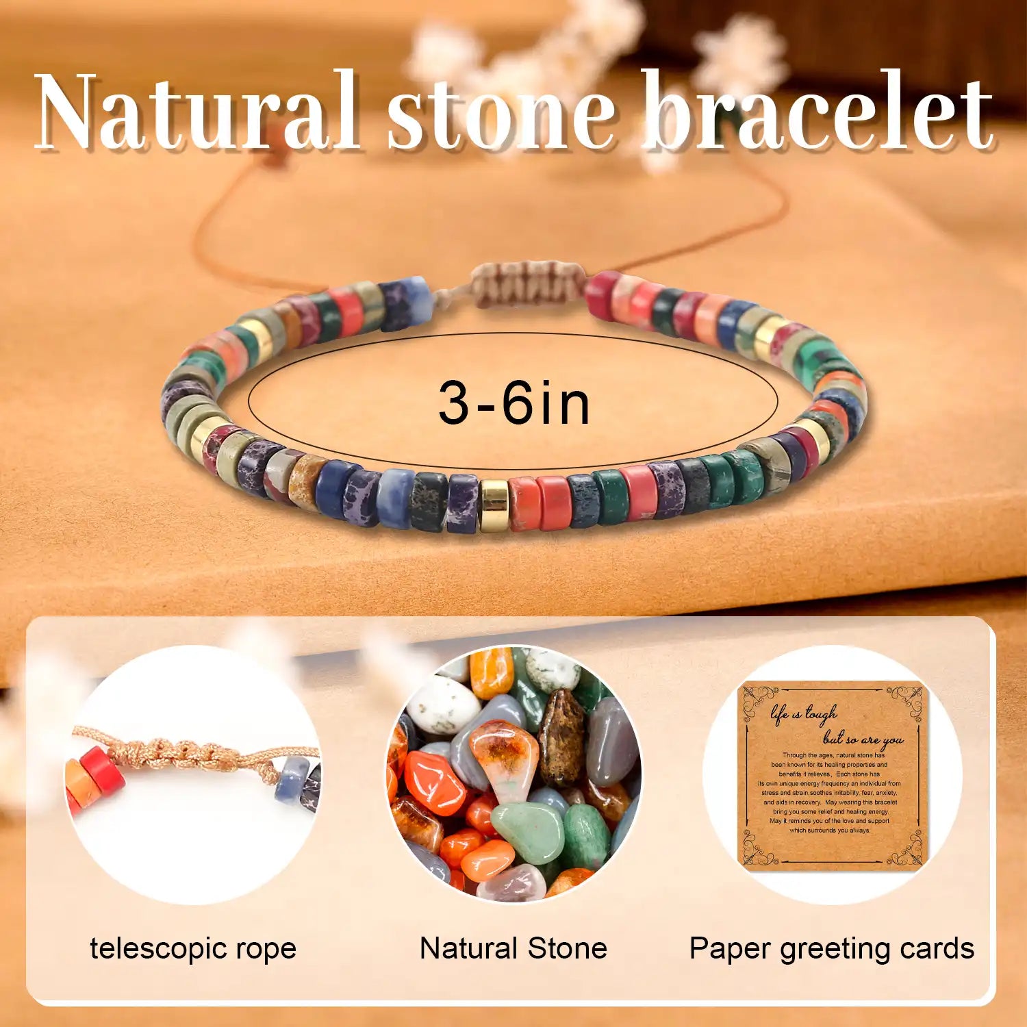 Adjustable Bracelet for Women, 3-6'' Natural Stone Bracelets Semi-Precious Gemstone Beaded Bracelets Healing Crystal Bracelet, Spiritual Bracelet Gift