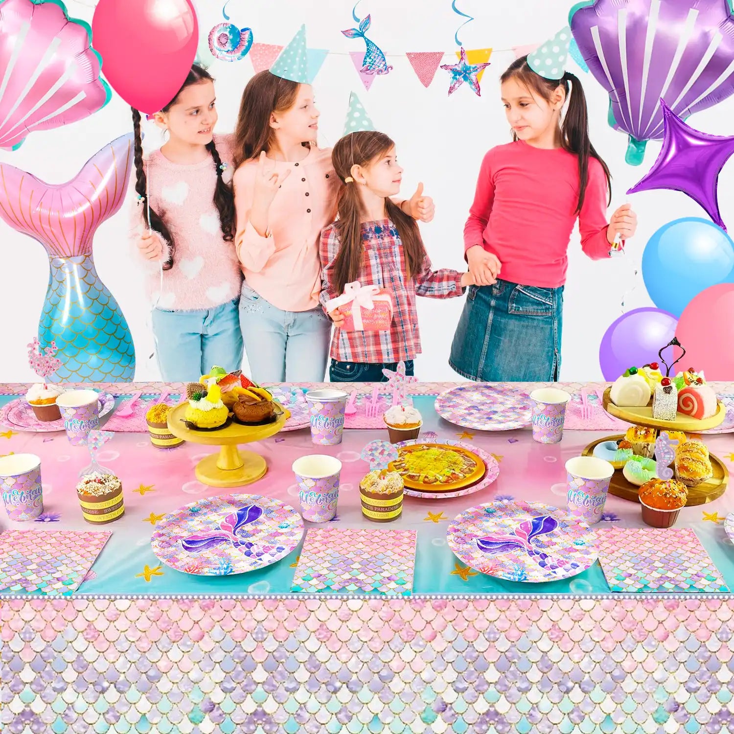 Mermaid Party Supplies,90 Pcs Mermaid Birthday Party Supplies Kit - Mermaid Birthday Plates Cups Napkins Tablecloth & Mermaid Banner Balloons Hanging Swirl etc Mermaid Birthday Decorations for Girls