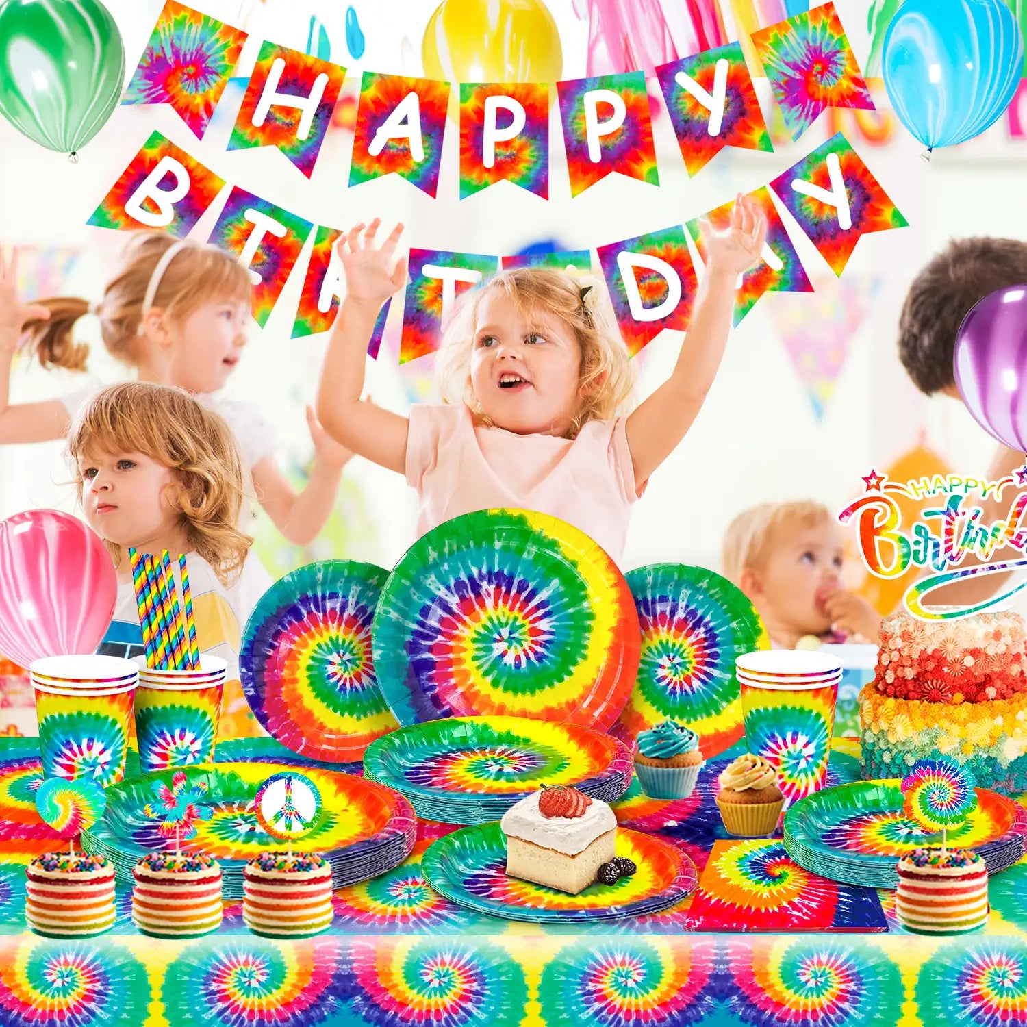 Tie Dye Birthday Party Supplies, 113pcs Tie Dye Party Tableware&Decorations Set - Tie Dye Paper Plates Cups Tablecloth Napkins Banner & Marble Balloons etc Tie Dye Party Decorations, Serves 16 Guests