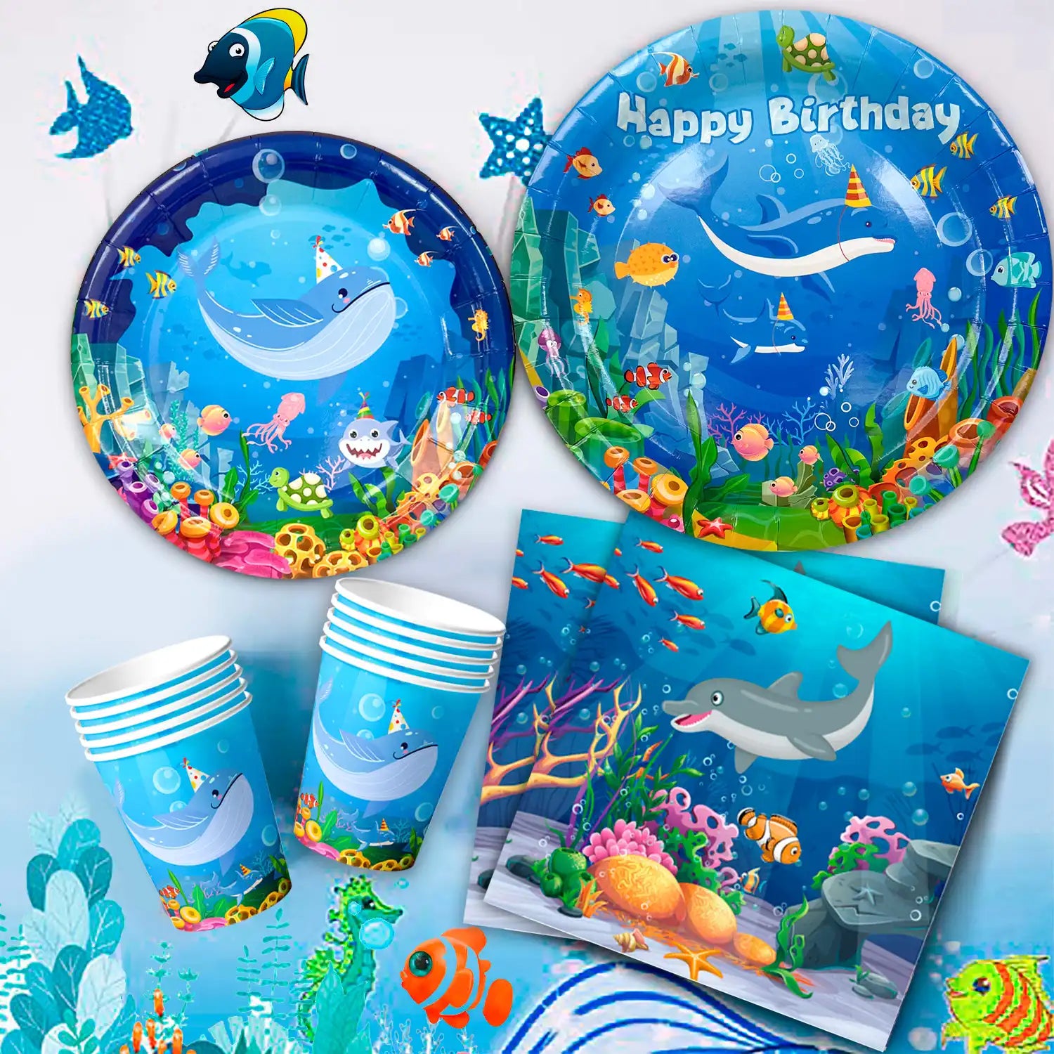Under The Sea Party Supplies-24Guests Ocean Sea Party TabAlewear Set-Ocean Themed Party Decorations Plates Cups Napkins Tablecloth Banner etc Ocean Animal Party Tableware