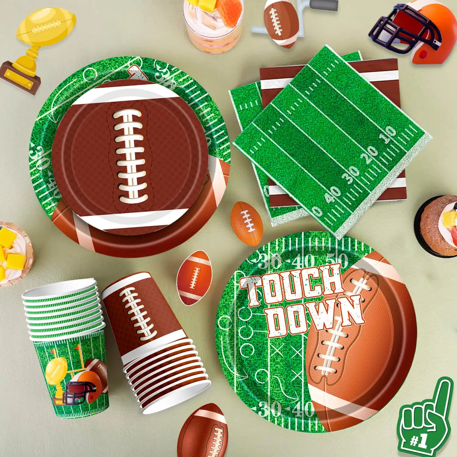Football Party Supplies Tableware, 24Guests Football Party Tableware Set - Football Plates and Napkins Cup Tablecloth & Swirls etc Football Party Decorations for Football Birthday Party,Tailgate Party