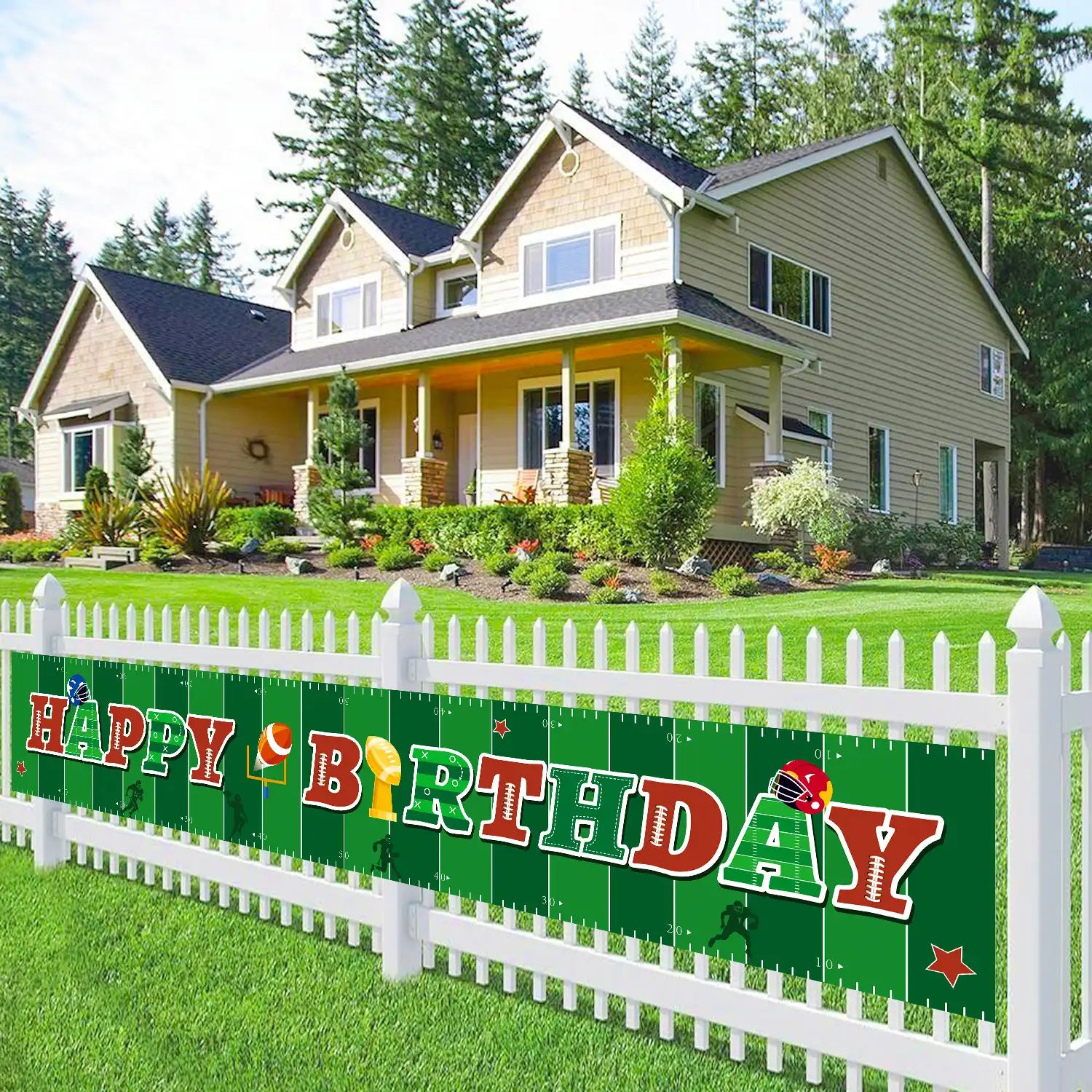 Football Fence Banner, 118 x 19.6'' Rugby Fence Banner, Football Party Yard Banner & Large Football Happy Birthday Banner for Football Decorations Supplies for Outdoor Yard Garden