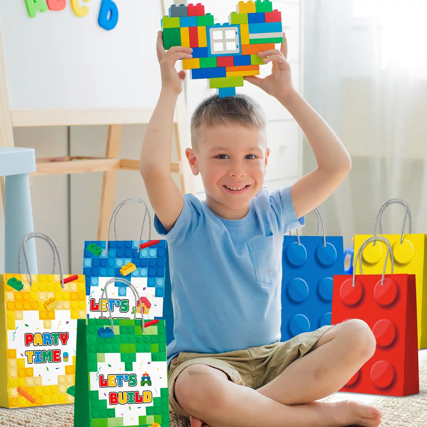 Building Block Party Favor Bags,24 Pcs Building Block Gift Bags Set - Building Block Party Bags,Building Block Party Present Bags & Bricks Theme Paper Bag for Building Block Birthday Party Decorations