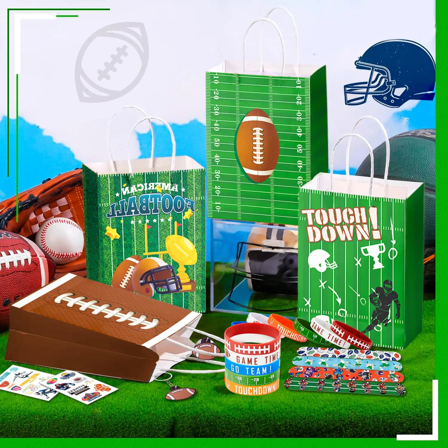 Football Party Favors for Kids,122pcs All-In-One Football Themed Party Favors Set - Football Party Bags, Football Keychains Bracelets Stickers Whistle etc Rugby Party Favors for Football Party Decor