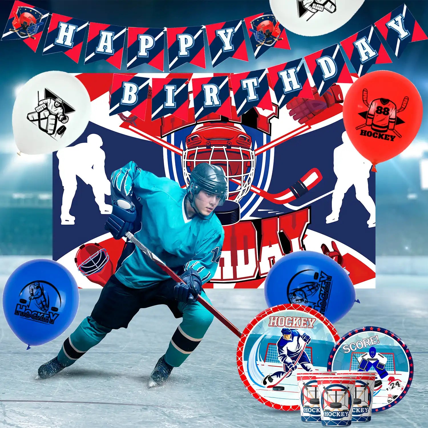 Hockey Birthday Decorations, 108 Pcs Hockey Party Decorations & Hockey Tableware Set - Hockey Party Balloons Banner Backdrop & Hockey Plates Napkins Tablecloth etc Ice Hockey Birthday Party Supplies