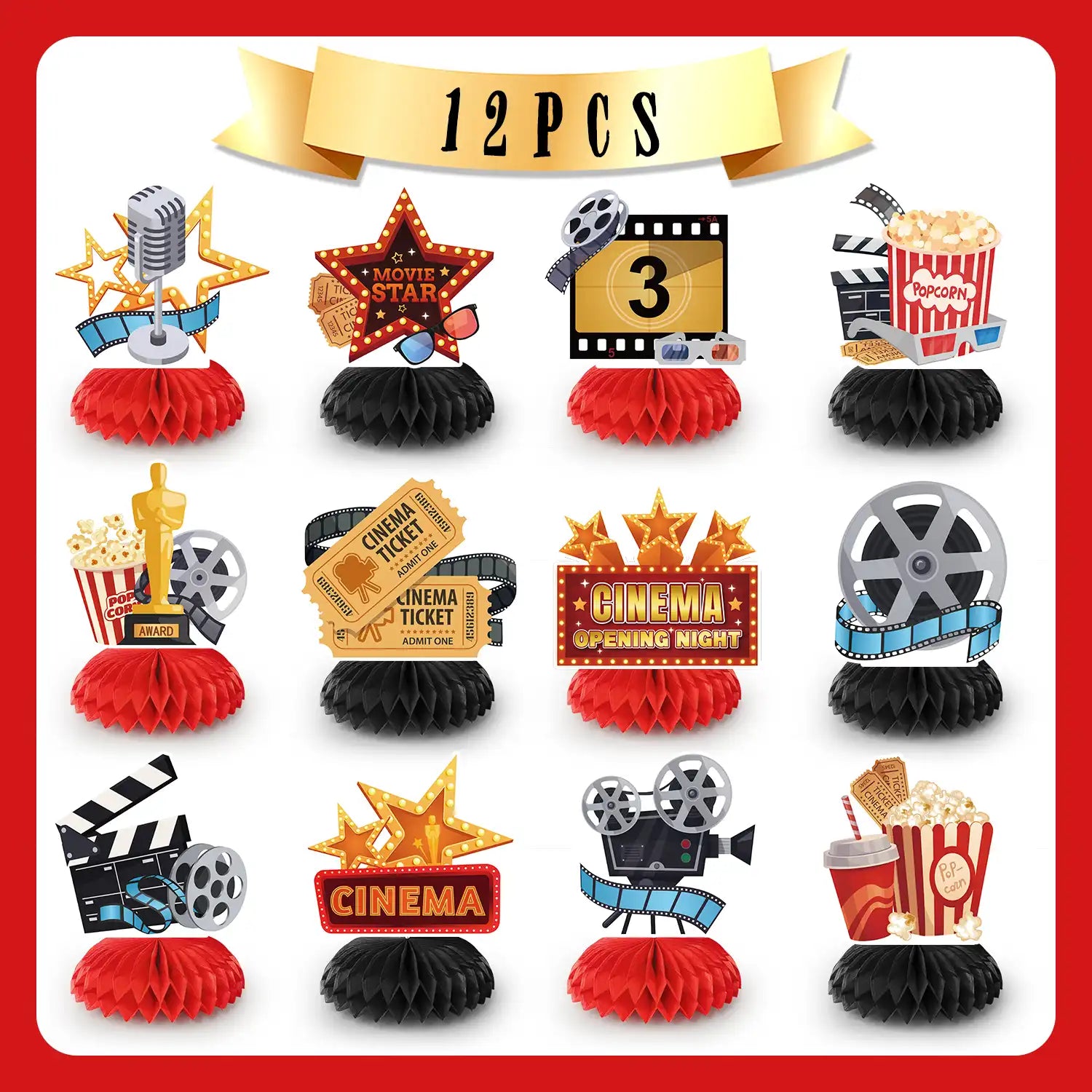 Movie Night Honeycomb Centerpiece, 12 Pcs Movie Night Themed Honeycomb Centerpieces, Movie Theater Centerpiece Honeycomb & Movie Party Honeycomb Centerpiece for Movie Night Birthday Party Decorations
