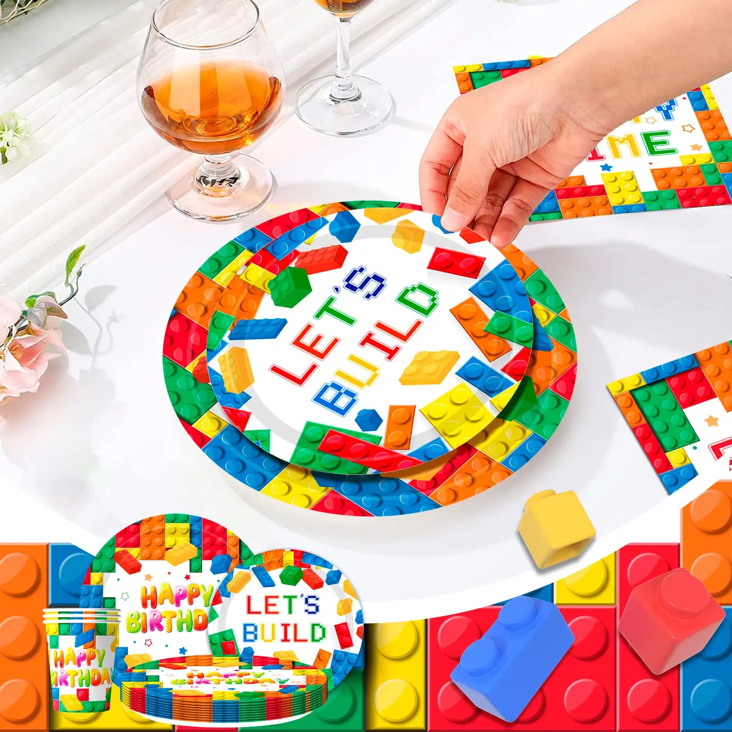 Building Blocks Birthday Party Supplies-16 Guests Building Blocks Party Tableware set-Building Block Party Plates Napkins Tablecloth Banner etc Colorful Building Block Party Supplies for kids Boys/Girls