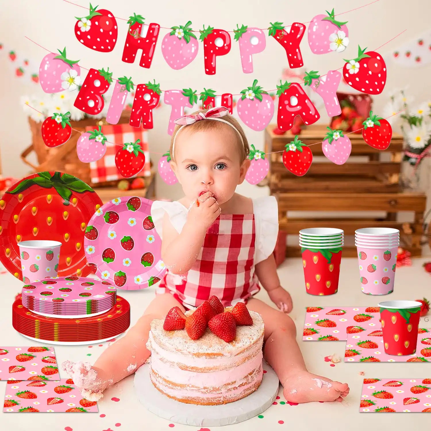 Strawberry Birthday Tableware, 91pcs Strawberry Party Tableware Set - Strawberry Birthday Party Plates Napkins Cups Tablecloth etc Strawberry Baby Shower Tableware for Strawberry Birthday Decorations