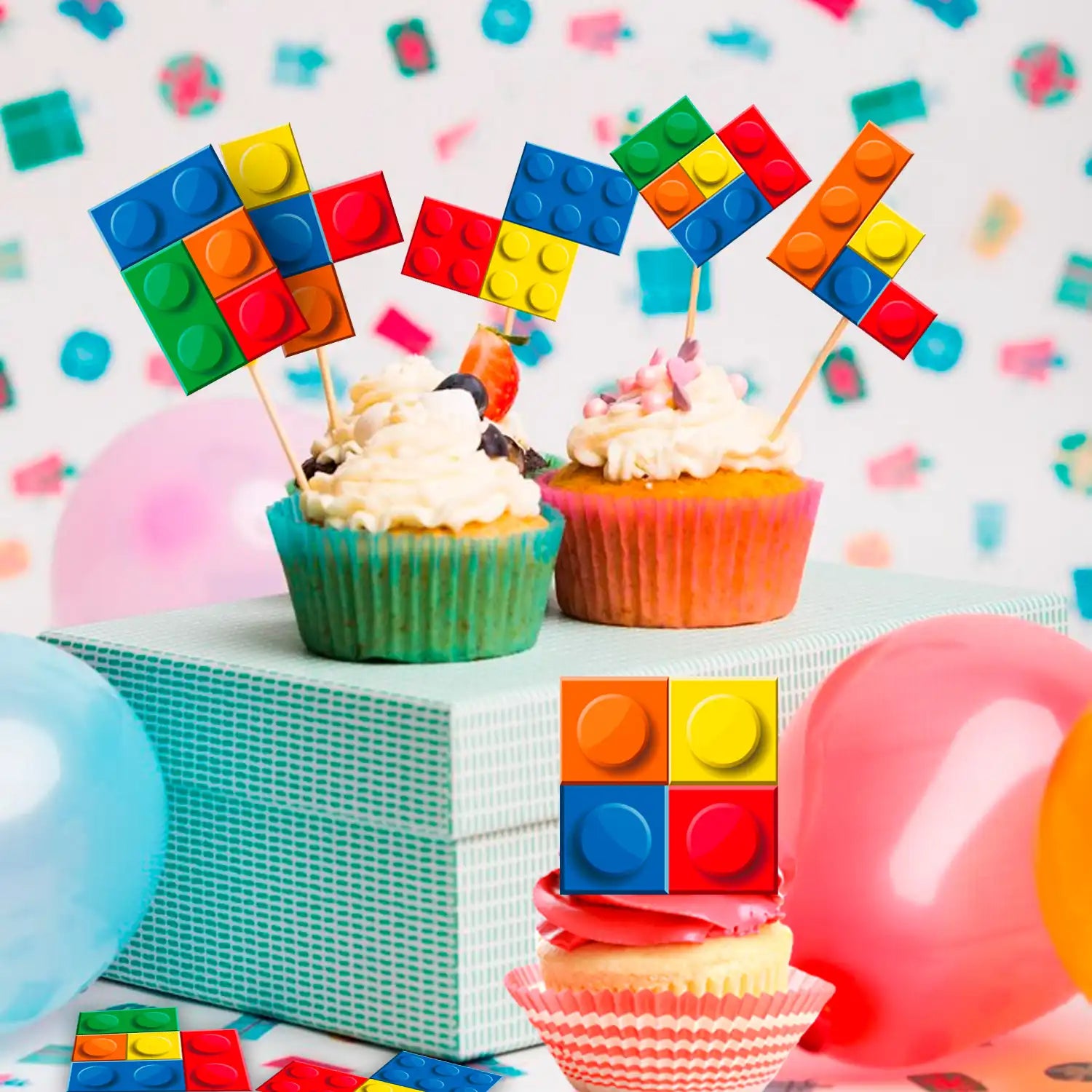 Building Blocks Cake Topper, 24 Pcs Building Block Birthday Party Cupcake Toppers + 1 Pcs Building Block Birthday Cake Topper/Building Blocks Cake Decorations for Building Block Theme Party Decoration