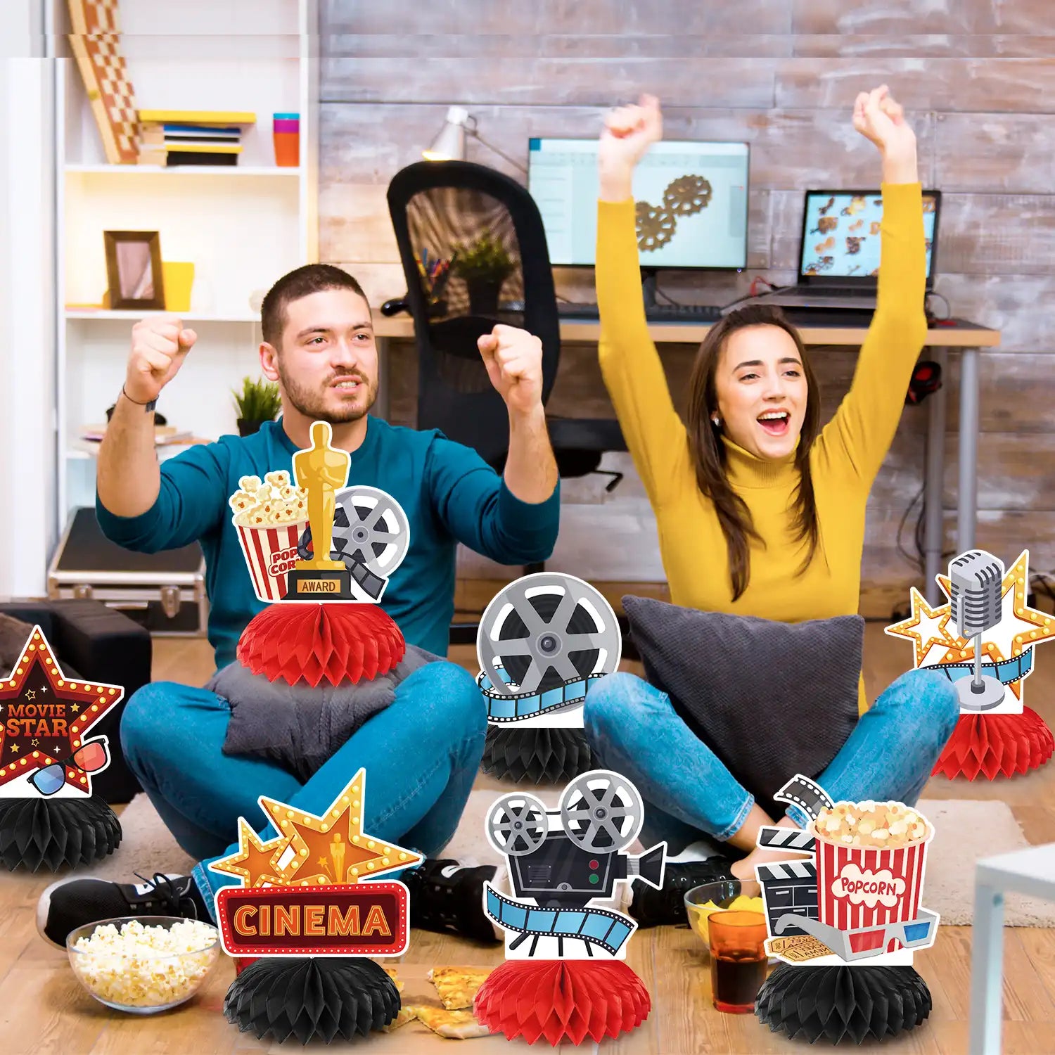 Movie Night Honeycomb Centerpiece, 12 Pcs Movie Night Themed Honeycomb Centerpieces, Movie Theater Centerpiece Honeycomb & Movie Party Honeycomb Centerpiece for Movie Night Birthday Party Decorations
