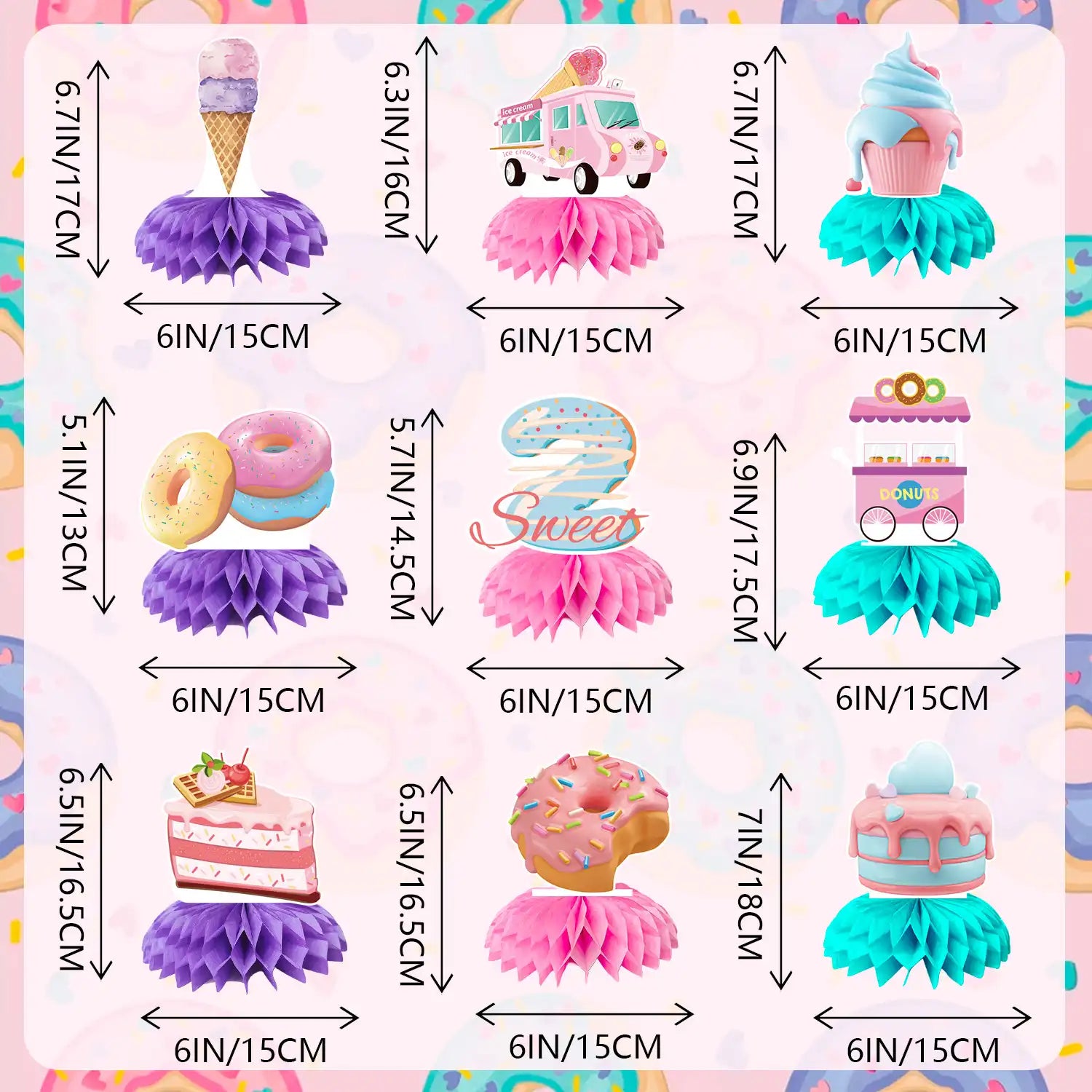 Donut Honeycomb Centerpieces,9pcs Donut Party Honeycomb Centerpieces,Donut Table Honeycomb Centerpieces&Donut Two Sweet Honeycomb Centerpieces Party Decor for Donut Baby Shower & Donut Birthday Party