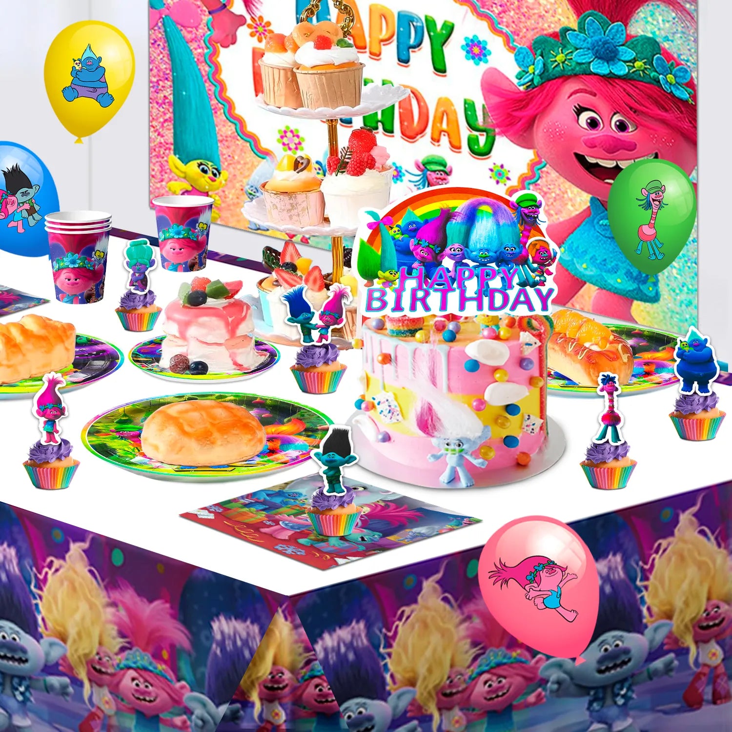 Trolls Birthday Party Decorations Supplies, 82 Pcs Trolls Band Together Party Supplies Include Trolls Cake Topper Balloons Banner Plates Napkins Cups etc Trolls Party Decorations, for Girls & Boys
