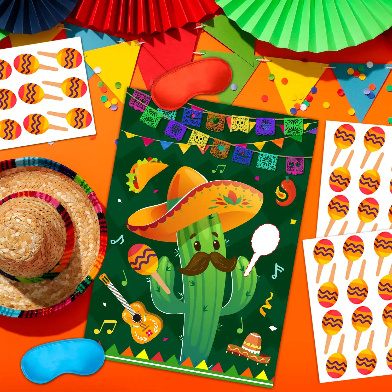 Pin The Maracas on The Cactus Mexican Games, 7 pcs Mexican Party Pin Game Set - Mexican Fiesta Party Games Poster Blindfold Maracas Mexican Stickers etc Mexican Birthday Party Decorations Supplies