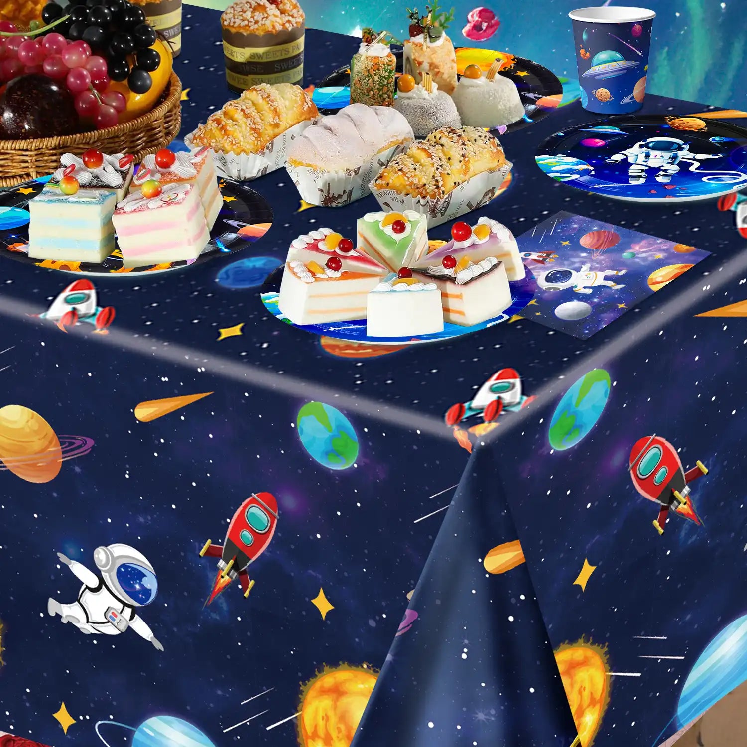 Space Theme Tableware, 24Guests Outer Space Birthday Party Supplies - Space Party Plates Napkins Tablecloth Banner Garland etc Outer Space Tableware for Space Birthday Decorations & Space Party Decorations