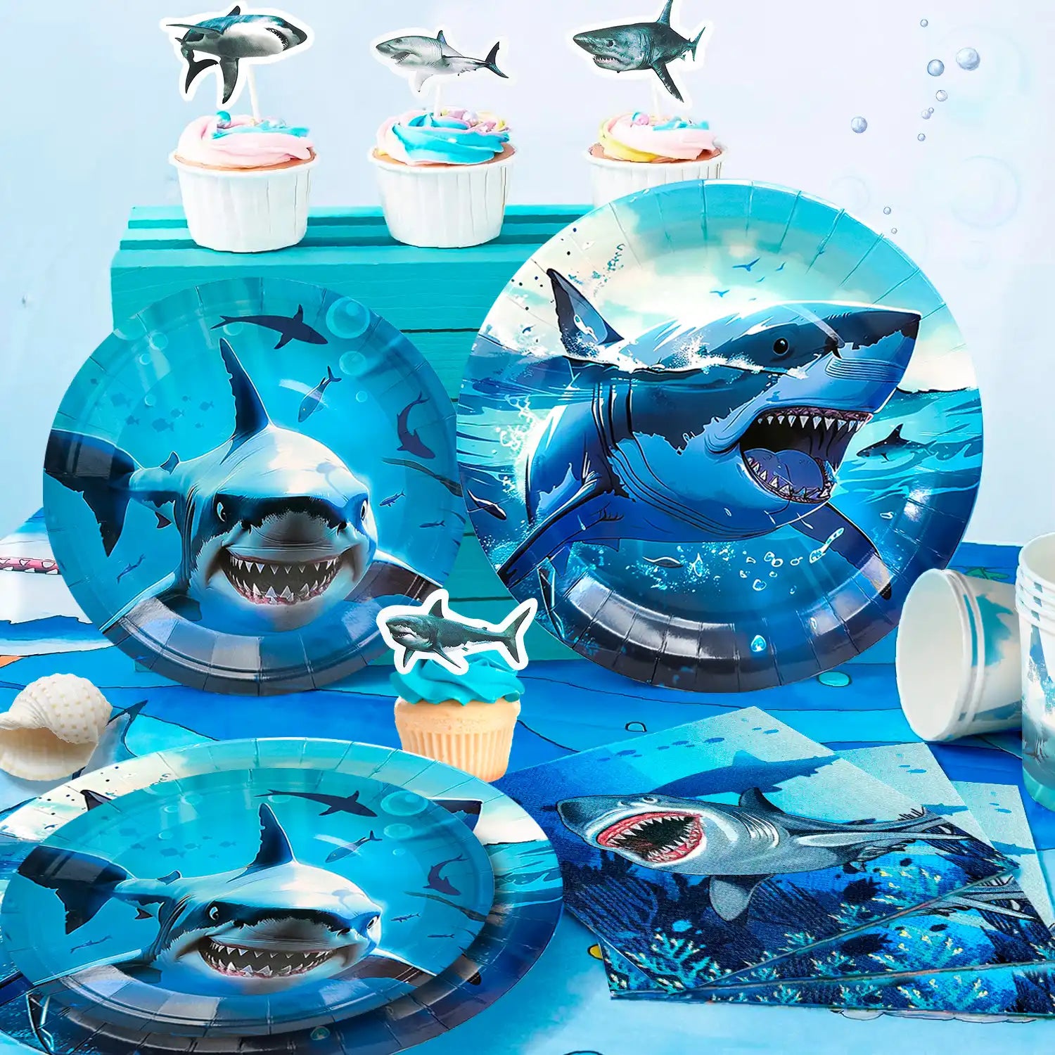 Shark Party Supplies, 10 Guests Shark Birthday Party Decorations & Shark Party Tableware Set - Shark Plates and Napkins Tablecloths & Shark Balloons Banner Shark Cake Toppers etc Shark Party Decorations