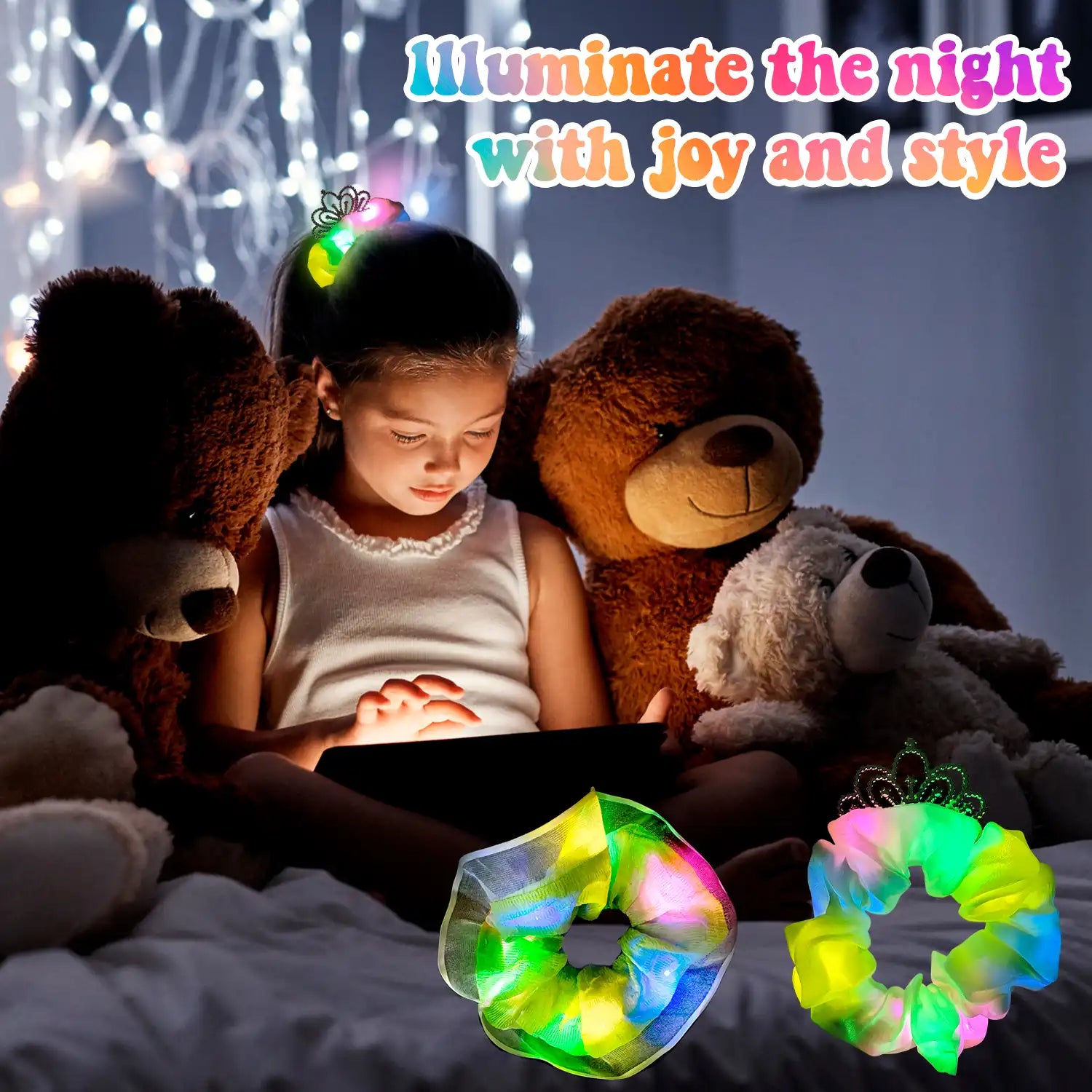 Light Up Scrunchies with Crown, 2 Pcs Glow Scrunchies Set - Glow in The Dark Scrunchies, Led Light Up Hair Scrunchies & Glow in The Dark Hair Ties, for Girls/Women Led Light Up Hair Accessories(Green)