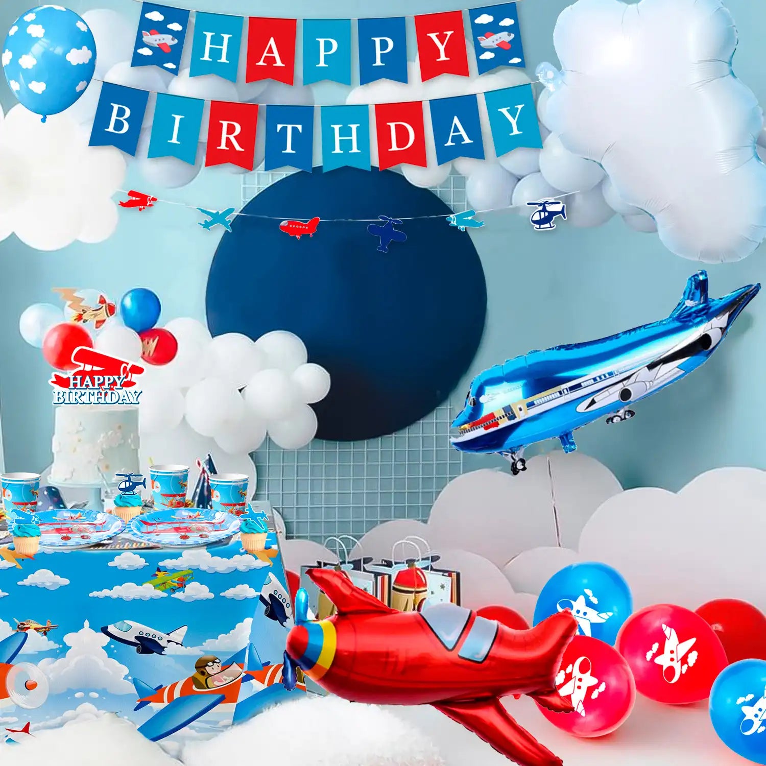 Airplane Birthday Party Decorations, 16 Guests Airplane Party decorations & Airplane Party Tableware set - Airplane Plates Napkins Cups Table Cloth Balloons Backdrop etc Airplane Birthday Party Supplies
