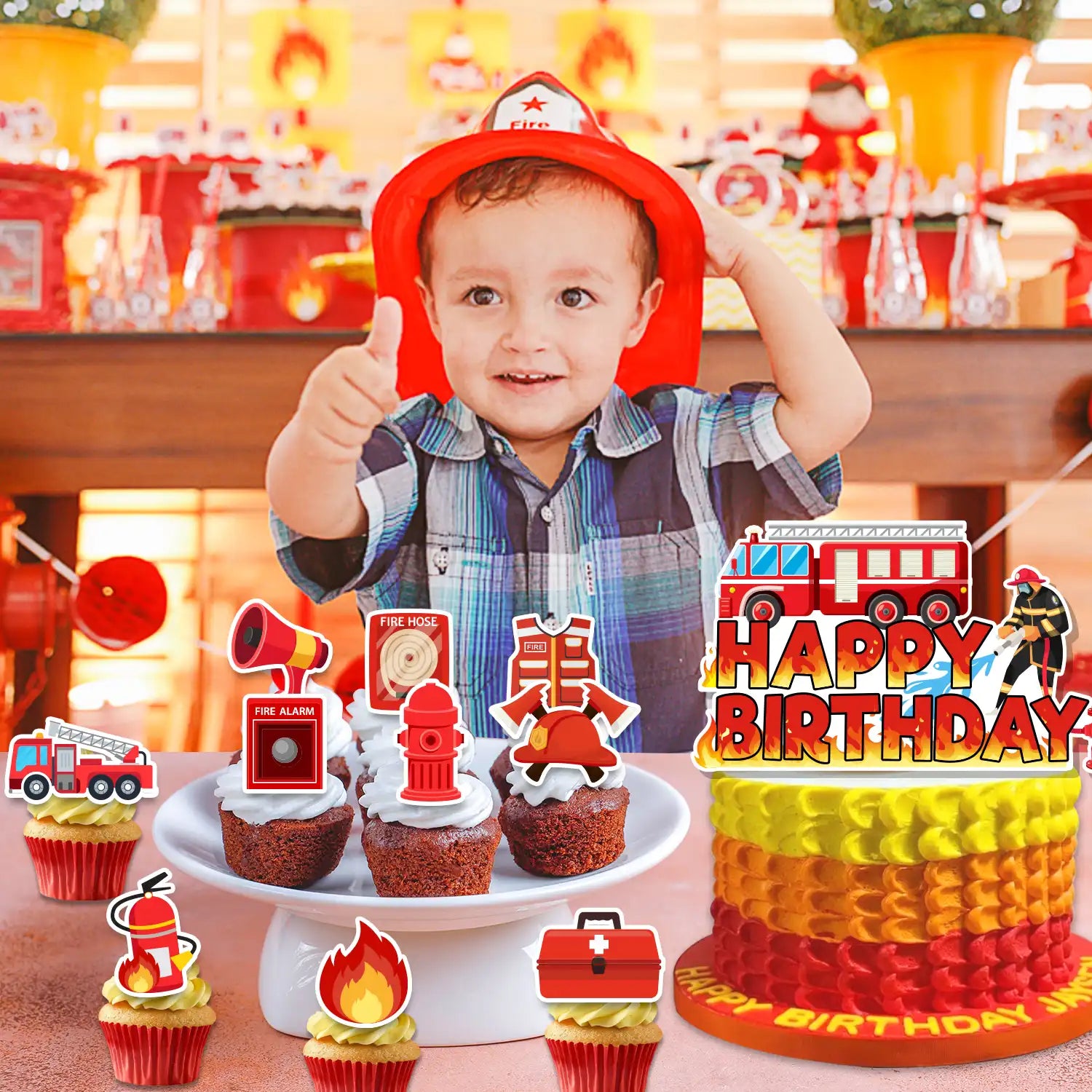 Firefighter Cake Topper, 25 Pcs Firefighter Birthday Cake Topper Set - Firefighter Party Cupcake Toppers & Firetruck Cake Toppers for Firefighter Party Decorations & Fire Truck Birthday Decorations