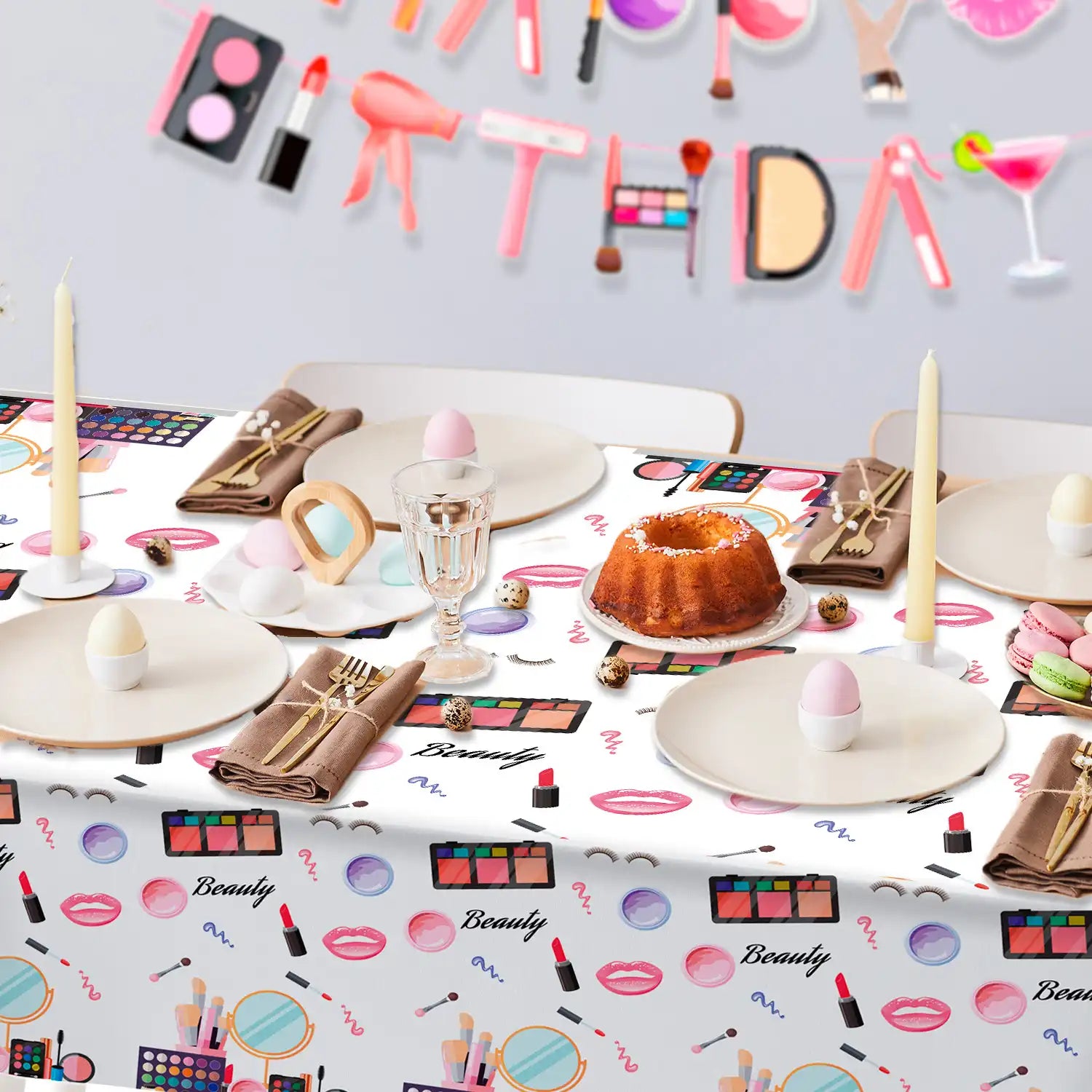 Makeup Party Tablecloth, 3 Pcs Makeup Theme Tablecloth Spa Party Table Cover for Spa Birthday Party Decorations, Spa Birthday Party Tablecloth for Makeup Spa Party Decorations Supplies (108'' x 54'')