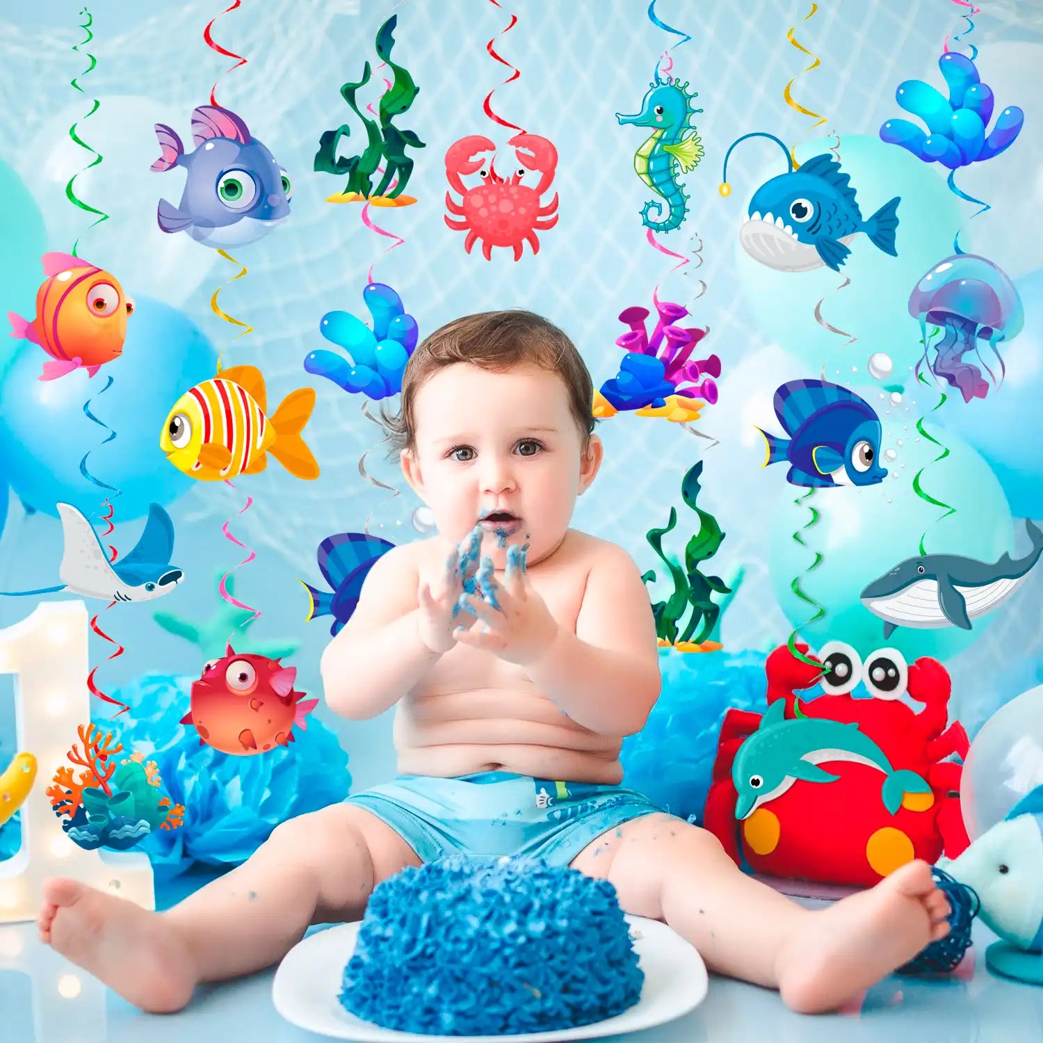 Sea Animals Hanging Swirl Decorations, 32 Pcs Under Sea Hanging Swirls Decoration, Ocean Ceiling Hanging Swirls & Undersea Spiral Decoration, for Ocean Theme Party & Under the Sea Party Decorations