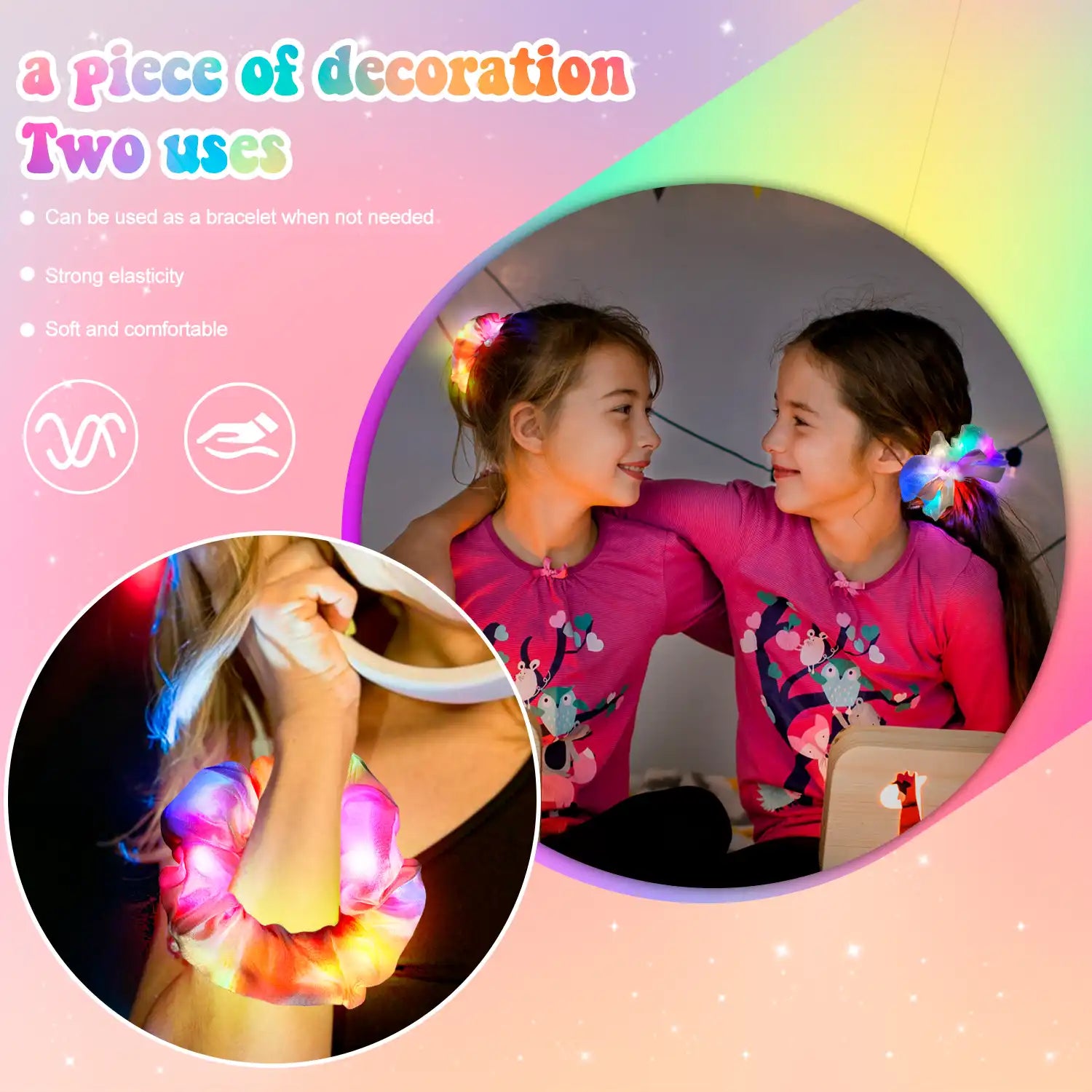 Light Up Scrunchies for Girls, 2 Pcs Glow Scrunchies Set - Glow in The Dark Scrunchies, Led Light Up Hair Scrunchies & Glow in The Dark Hair Ties, for Light Up Hair Accessories & Party Favors (Pink)