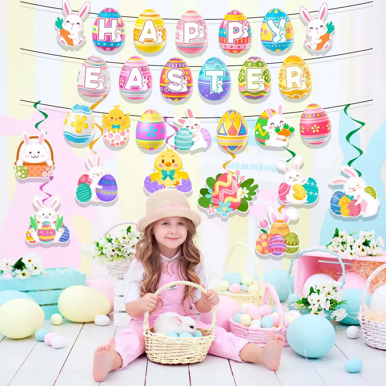 Easter Swirl Banner, 9Pcs Easter Hanging Party Decorations Set - Happy Easter Banner, Easter Hanging Decorations Banner Easter Egg Bunny Hanging Swirl for Home Office School Easter Party Decorations