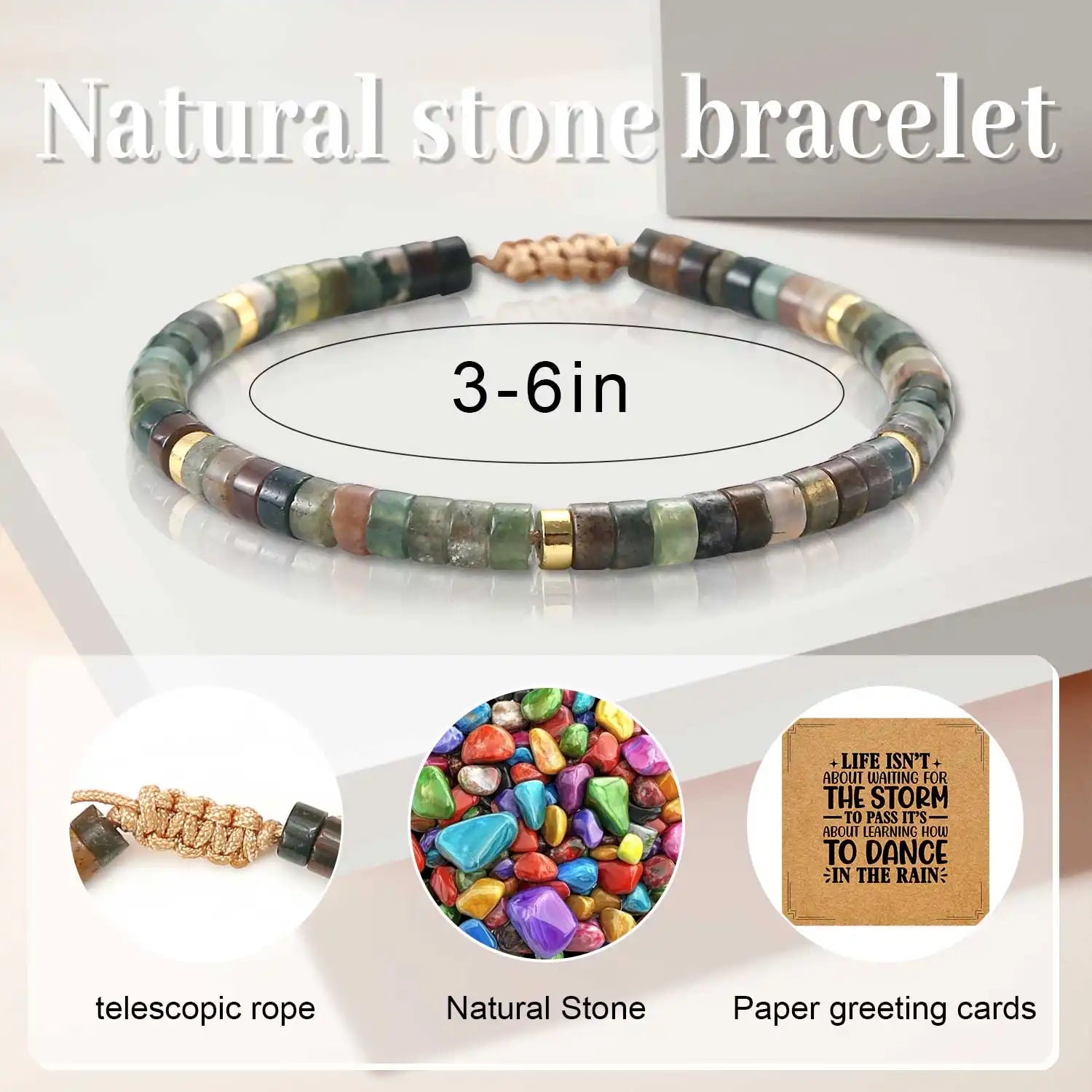 Natural Stone Bracelets, 3-6 '' Natural Crystal Bracelets Semi-Precious Gemstone Beaded Bracelets Healing Bracelets Round Gemstones Stretch Bracelet, Adjustable Bracelet for Women