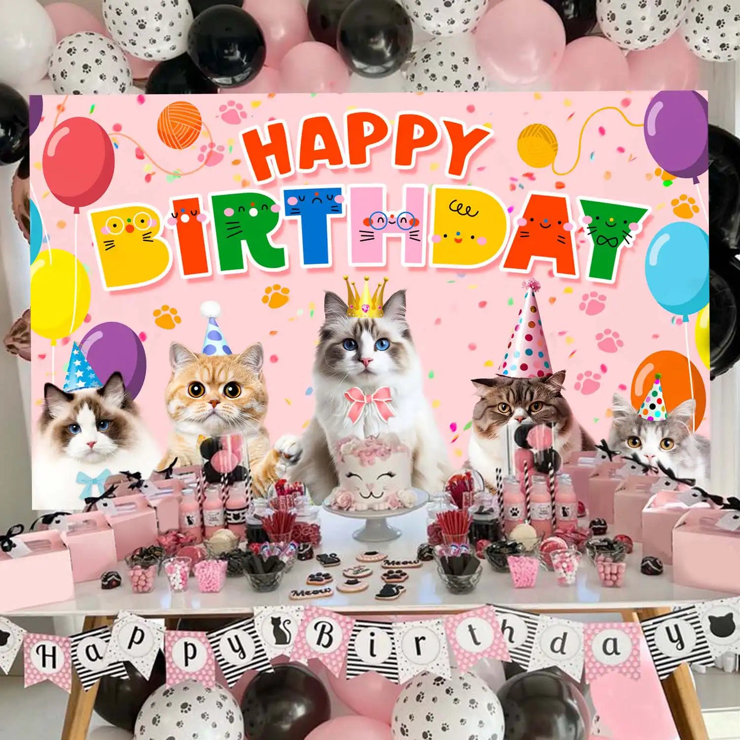 Cat Party Decorations, 71'' x 43'' Cat Birthday Backdrop Cat Happy Birthday Banner Cat Party Backdrop Cat Themed Birthday Party Backdrop, Cat Party Background for Cat Birthday Party Decorations