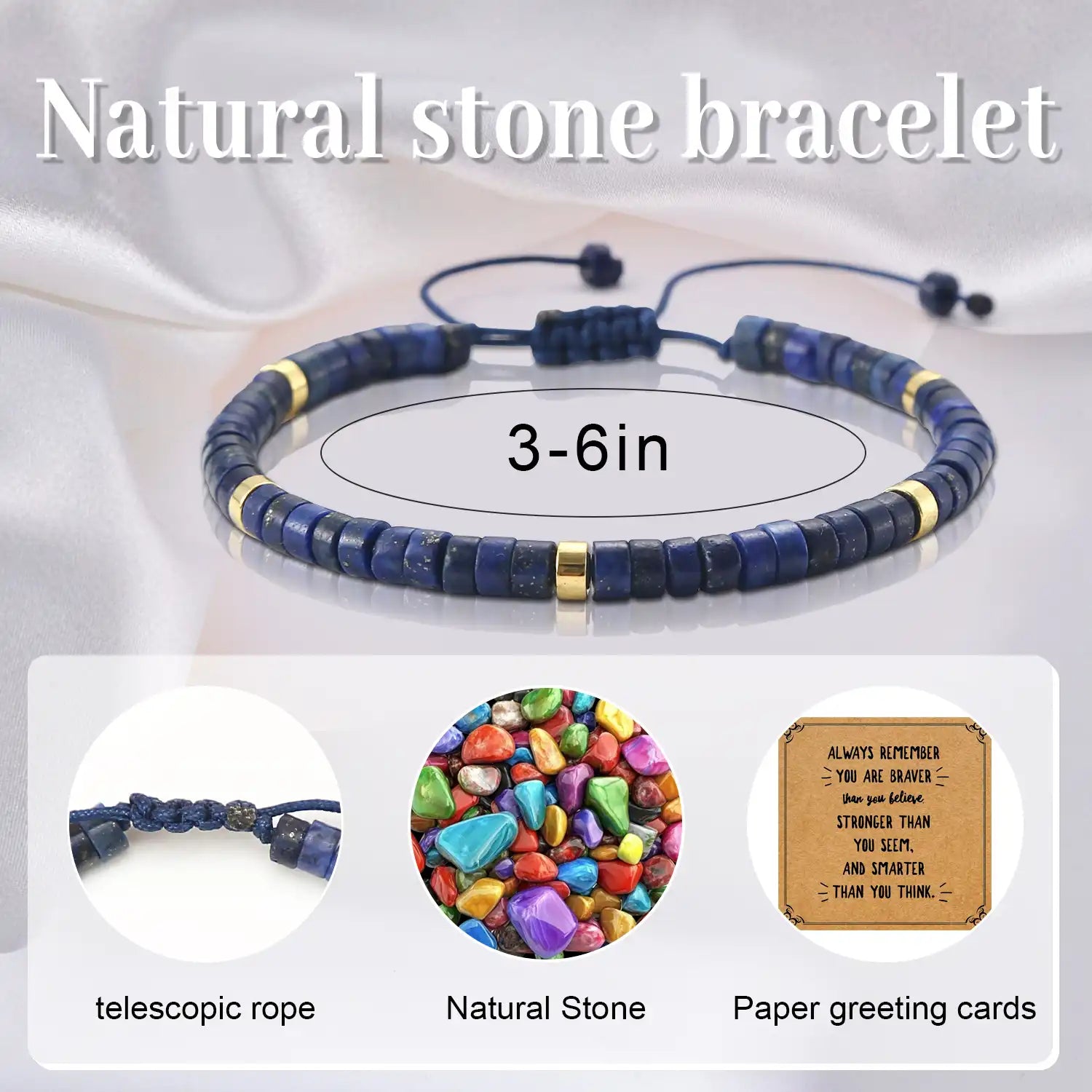 Adjustable Natural Stone Bracelets, 3-6'' Inspirational Bracelets for Women Handmade Semi-Precious Gemstone Beaded Bracelets Crystal Stone Bracelets, Bohemian Jewelry for Women