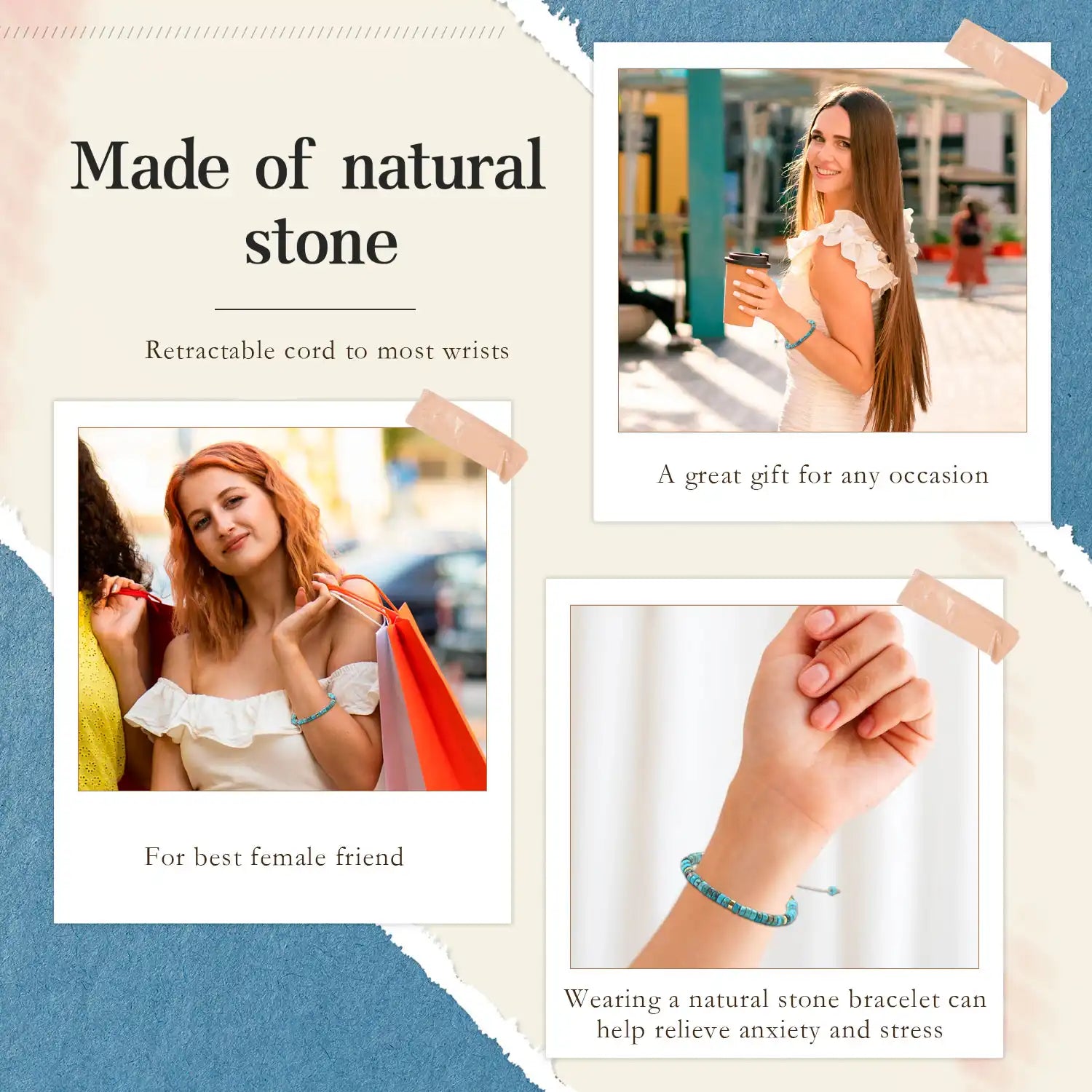 Turquoise Bracelet for Women, 3-6'' Adjustable Turquoise Beaded Bracelets Stone Bracelets Turquoise Gemstones Beaded Stretch Bracelet Natural Stone Bracelets Inspirational Bracelets for Women
