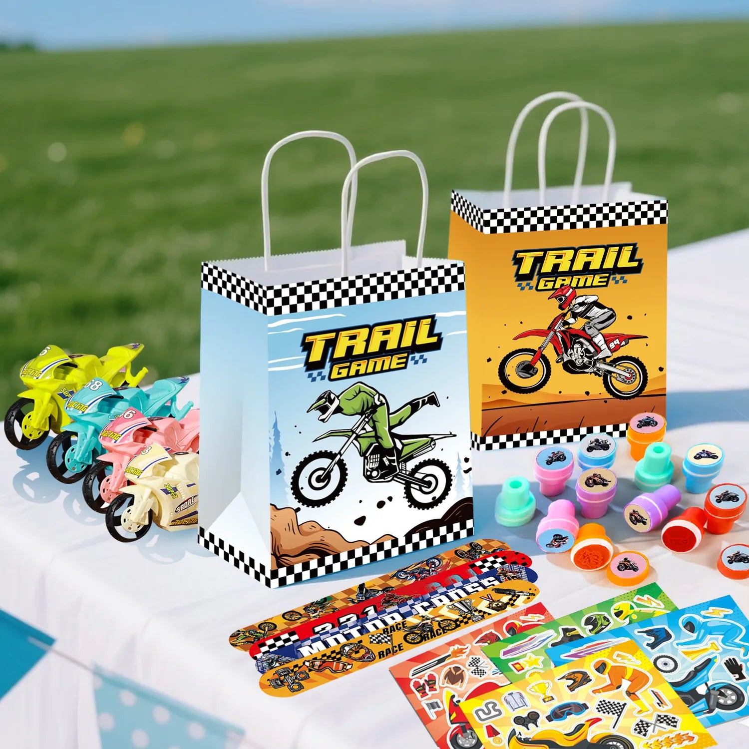 Motorcycle Party Favors, 110pcs Motocross Birthday Party Favors Set - Dirtbike Birthday Goodie Bag Slap Bracelets Stampers & Make Your Own Motorcycle Stickers etc Motocross Birthday Favors