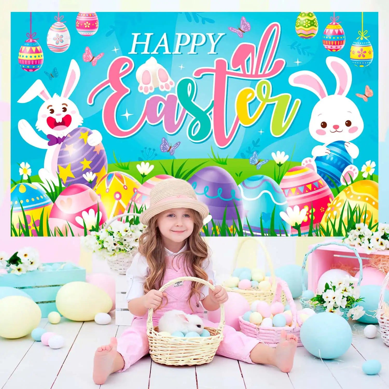 Happy Easter Backdrop - 71''x43'' Easter Party Backdrop, Easter Background Banner & Easter Photography Background for Spring Easter Family Party Photo Props