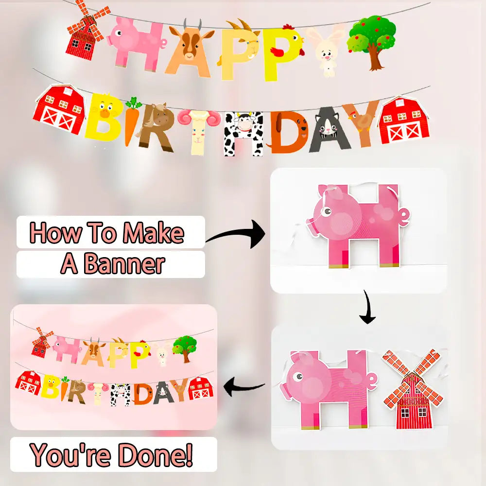 Farm House Fun Barnyard Animals Party Supplies, 16 Guests Farm Party Tableware Set-Farm animals Birthday Banner,Farm Plates Cups Napkins Tablecloth ect Farm Birthday Party Supplies,Serves 16