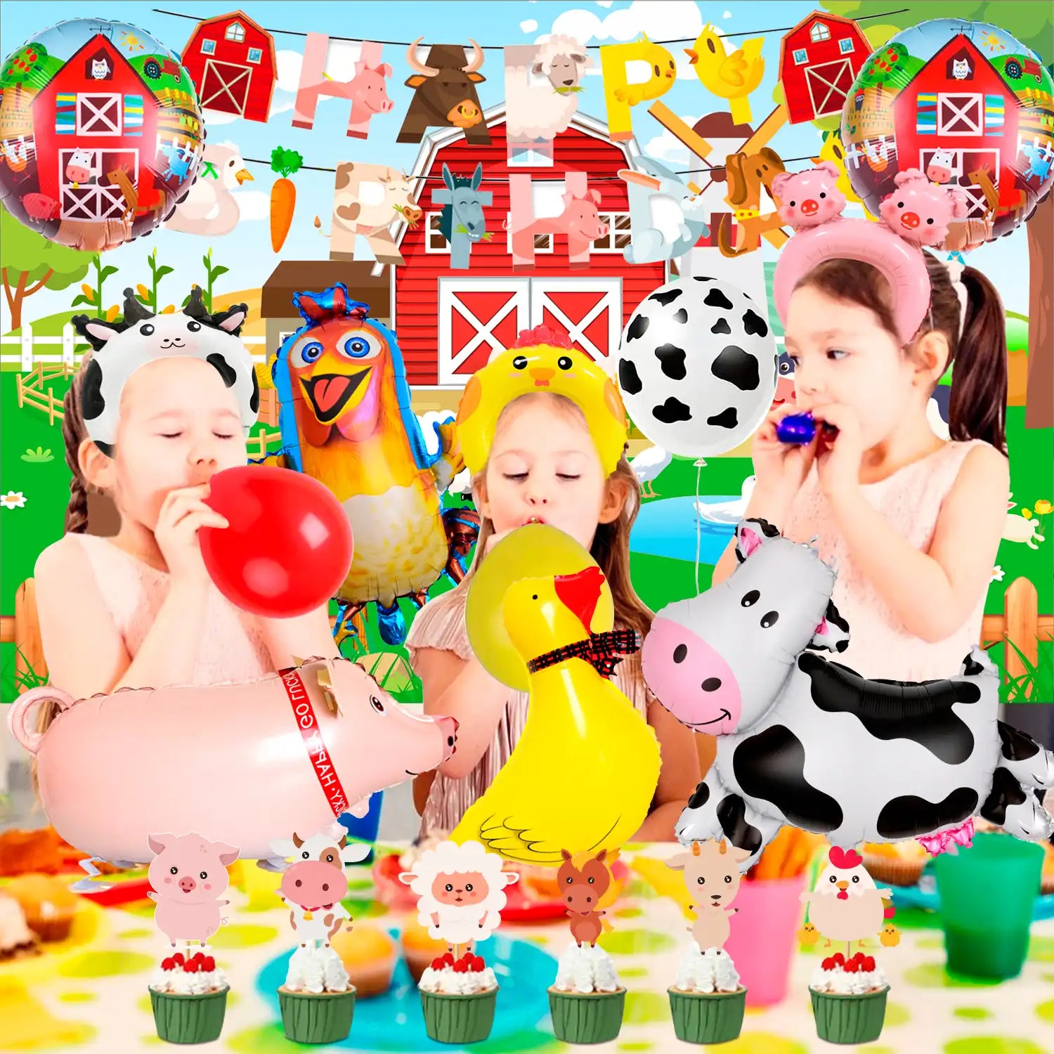 Farm Animal Birthday Decorations, 49pcs Farm Party Decorations Set Including Farm Animal Balloons Backdrop Cupcake Toppers Head Hoop etc Farm Birthday Decorations Supplies for Girls/Boys Kids