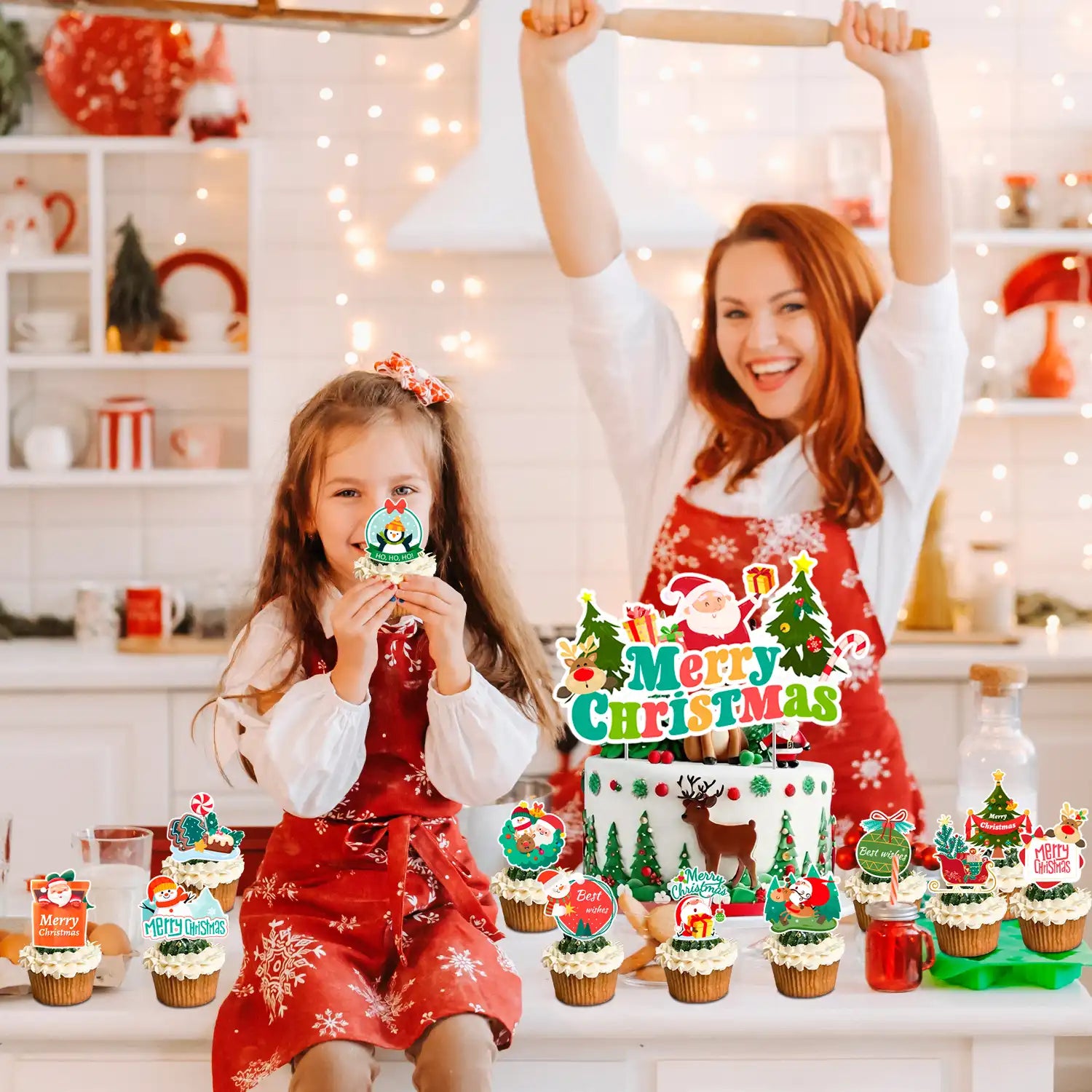 Christmas Cake Topper, 13 Pcs Christmas Cake Decorations Set- 12 Pcs Christmas Cupcake Toppers/Christmas Party Cup Cake Toppers & 1 Pcs Xmas Cake Toppers for Christmas Party Decorations Supplies