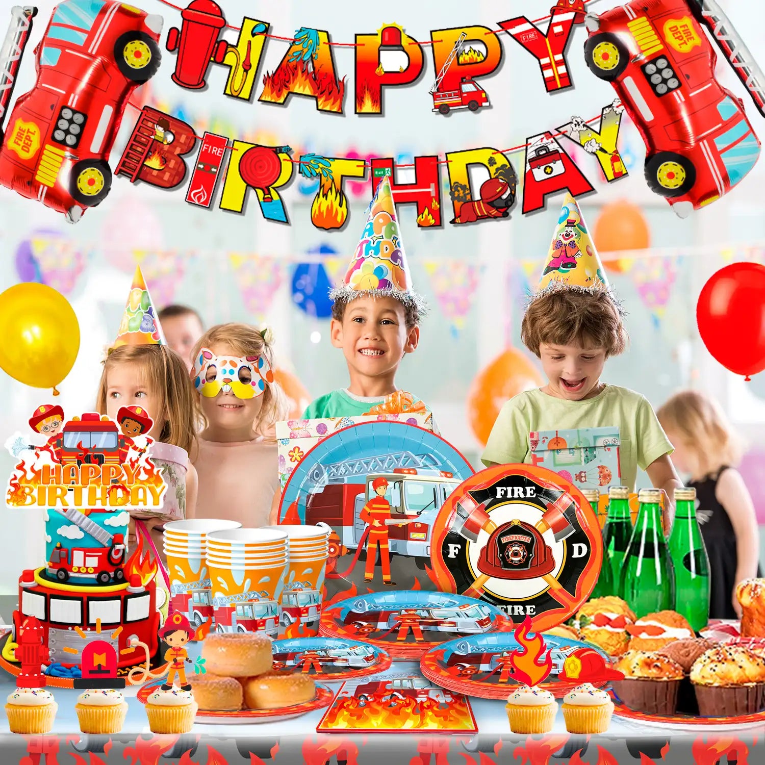Fire Truck Birthday Party Supplies, 16 Guests Fire Truck Birthday Party Decorations for Boys - Fireman Happy Birthday Banner, Fire Truck Tablecloth Plates Cups Napkins ect Fire Truck Theme Birthday Party