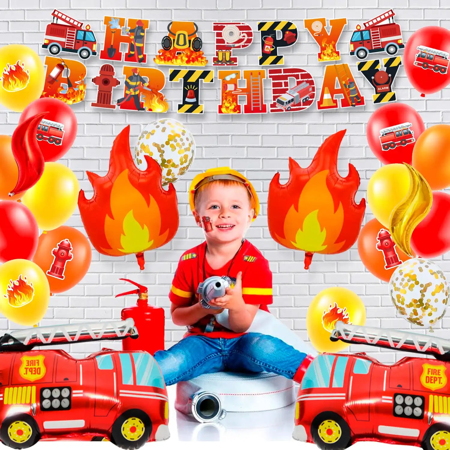 Fire Truck Party Decorations, 110 Pcs Firetruck Birthday Decorations - Fire Truck Party Balloons & Fire Truck Birthday Banner Cake Toppers Tablecloth etc Firefighter Birthday Party Decorations