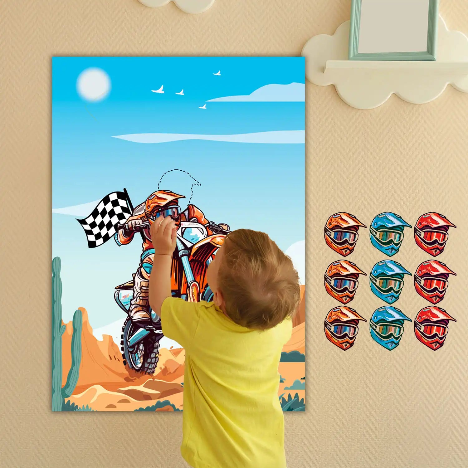 Dirt Bike Party Games, 7 Pcs Motocross Party Game Supplies - Motorcycle Pin Game Poster,  Helmets Dirt Bike Stickers & Motorcycle Games Blindfolds etc Dirt Bike Birthday Party Decorations Games