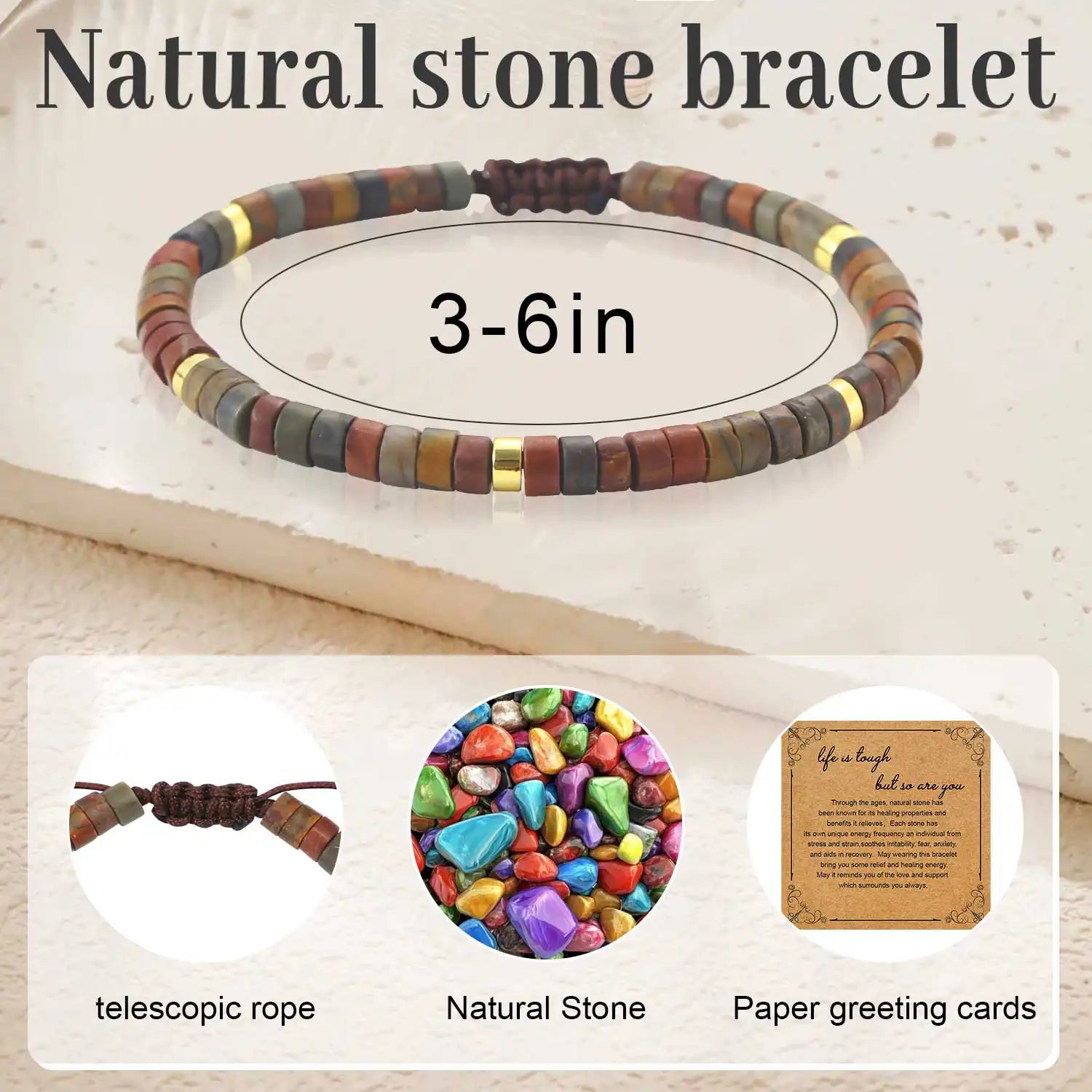 Crystal Stone Bracelets, 3 To 6'' Natural Stone Bracelets Healing Crystal Bracelet Yoga Bracelet Natural Stones, Adjustable Bracelet for Women (Brown)