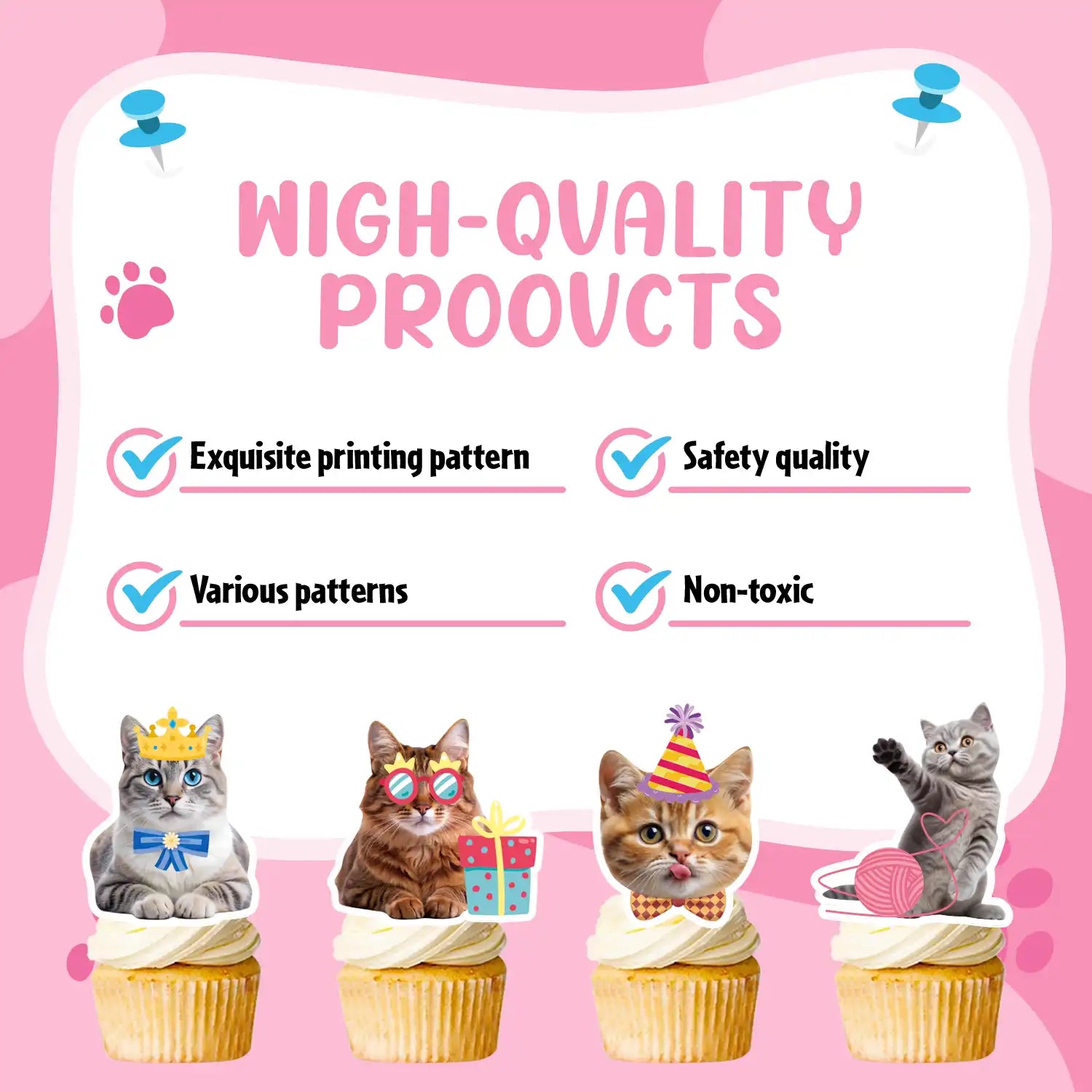 Cat Cake Toppers, 24 Pcs Cat Cupcake Toppers Kitten Theme Cupcake Topper + 1 Pcs Cat Birthday Cake Topper Cat Cake Decorations for Cat Birthday Decorations & Cat Party Decorations